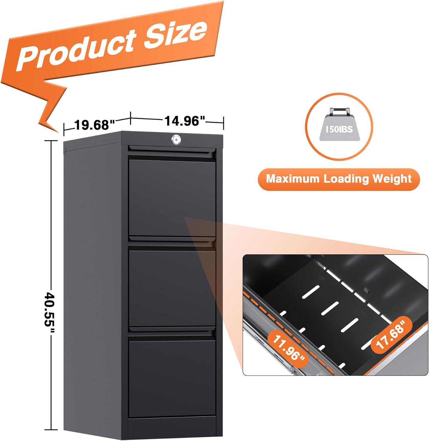 AOBABO 3 Drawer Vertical Steel File Organizer Filing Cabinet with Locking System and Adjustable Hanging Bars for Home and Office Organization, Black