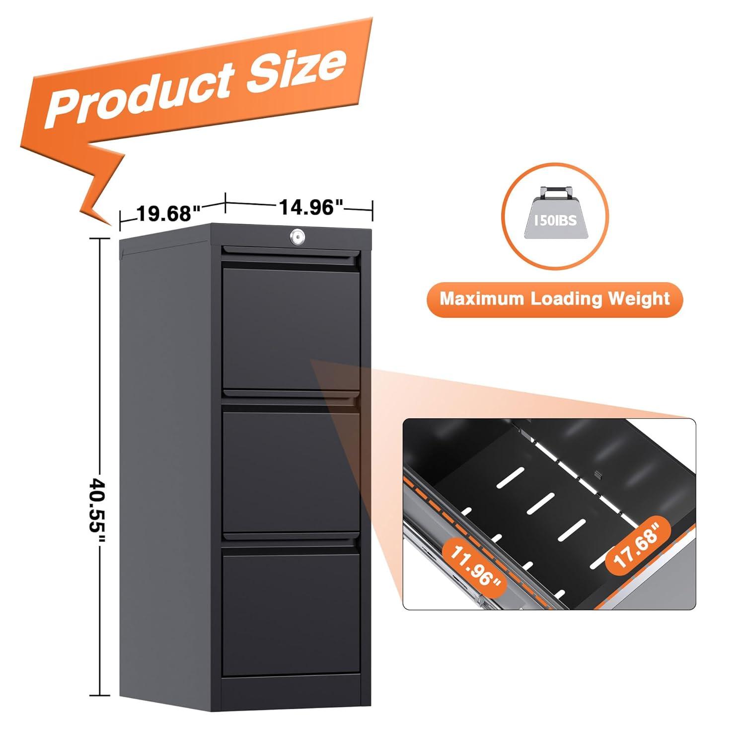 AOBABO 3 Drawer Vertical Steel File Organizer Filing Cabinet with Locking System and Adjustable Hanging Bars for Home and Office Organization, Black