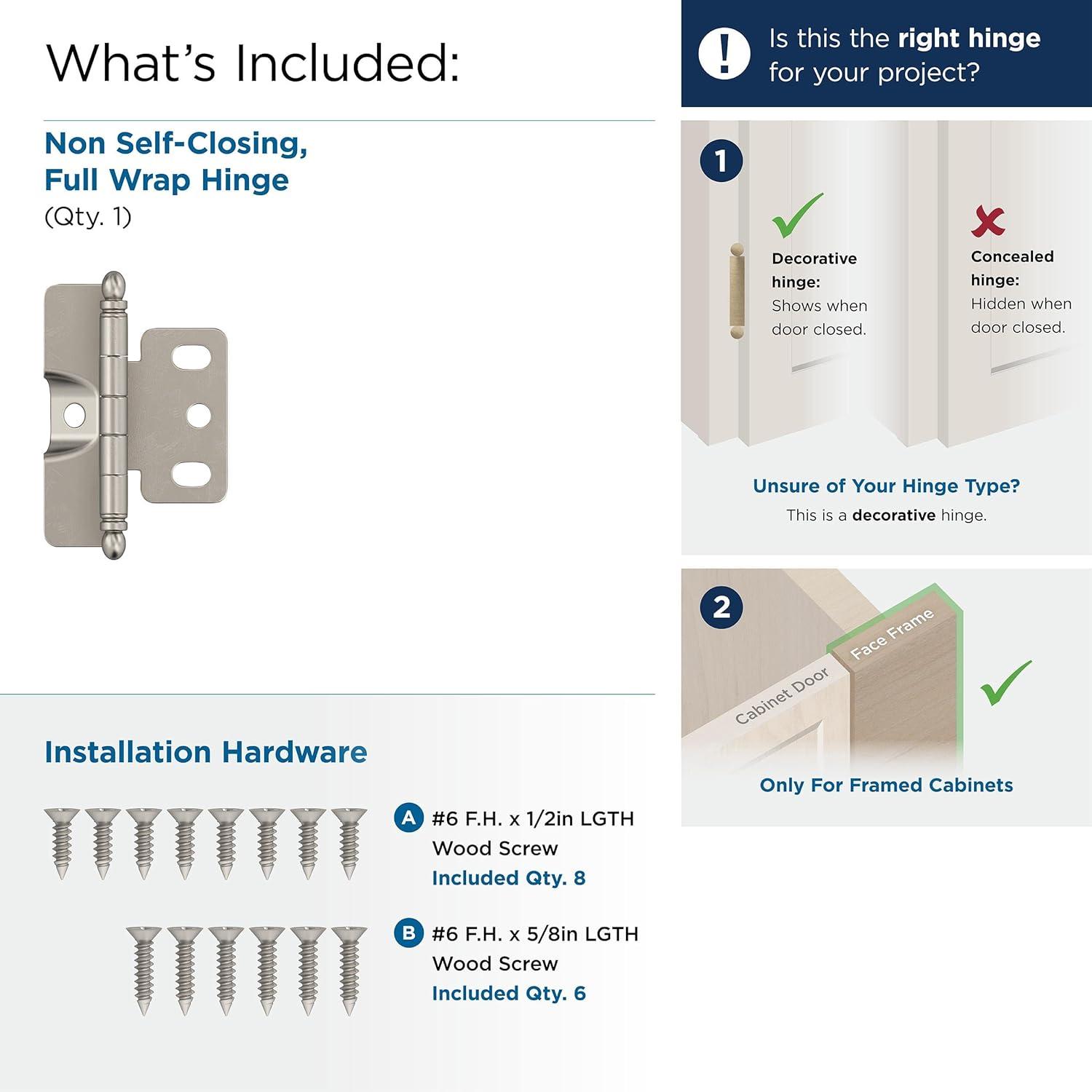 Amerock | Cabinet Hinge | 3/4 inch (19 mm) Door Thickness Hinge | Satin Nickel | 1 Pack | Non Self-Closing Hinge | Full Wrap Hinge | Cabinet Door Hinge