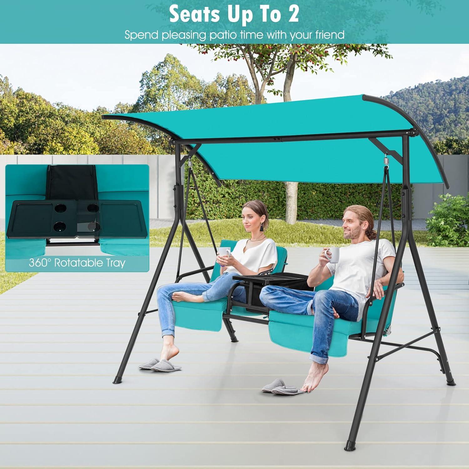 Resenkos Porch Swing, Porch Swing Chair with Adjustable Canopy-Turquoise, Hanging Outdoor Porch Swings for Garden, Backyard