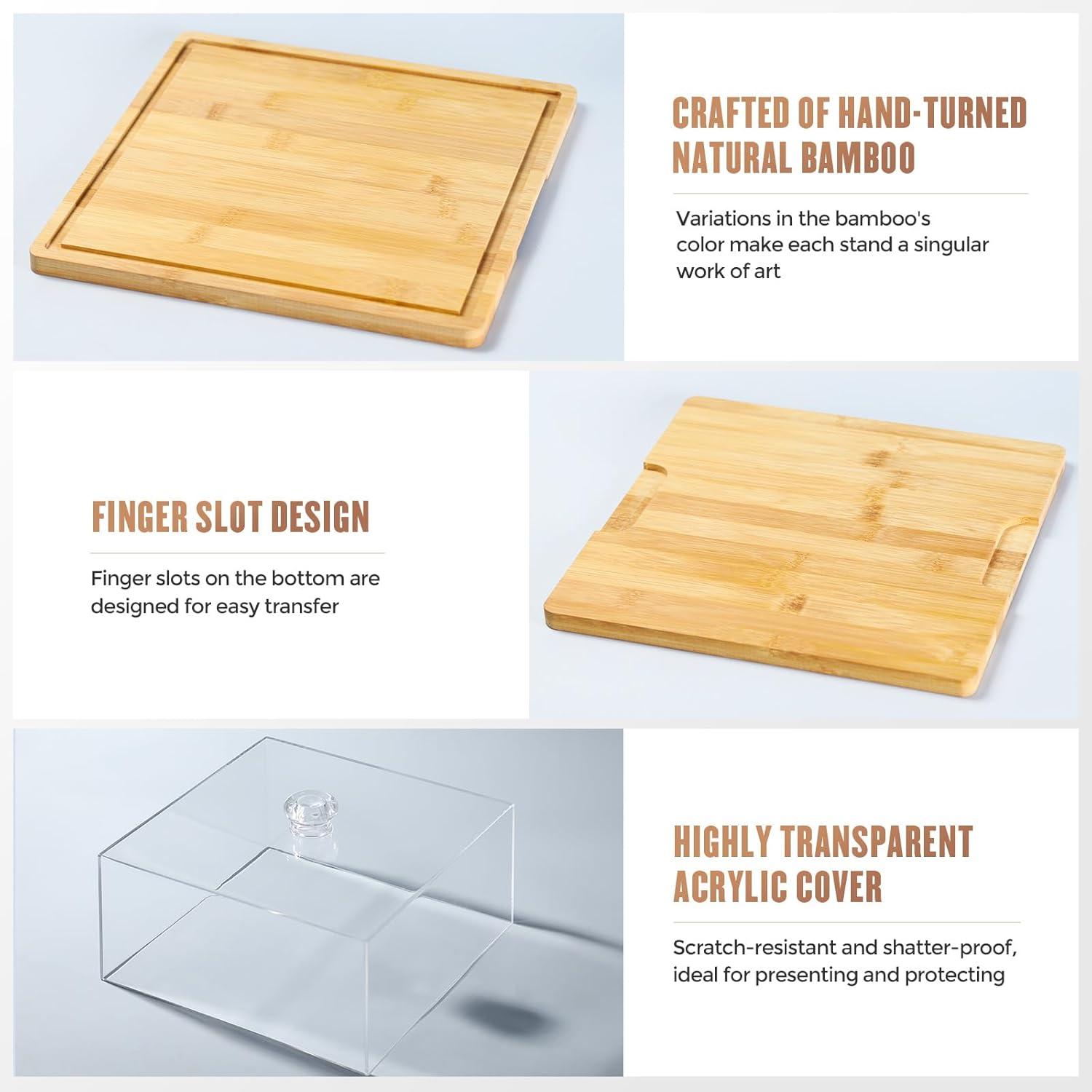 Square Cake Stand with Lid，11in Bamboo Cake Stand with Dome，Dessert Display Stand with Acrylic Cover for Cheese，Pie，Chips & Dips，Serving Platter with Cover for Kitchen/Party/Wedding/Birthday