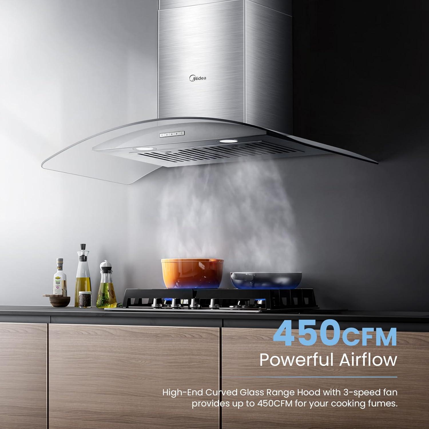 Midea 30"Range Hood, 450 CFM, 3 Speed Fan,Curved Glass, 2 LED Lights, Convertible to Ductless