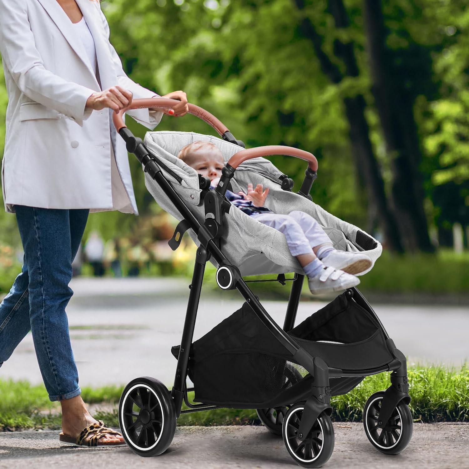 VEVOR Standard Baby Stroller, Infant Toddler Stroller with Bassinet, 3rd-Gear Adjustable Backrest & Foldable & Reversible Seat, Carbon Steel Newborn Stroller with Leg Cover and Mesh Net, Light Grey