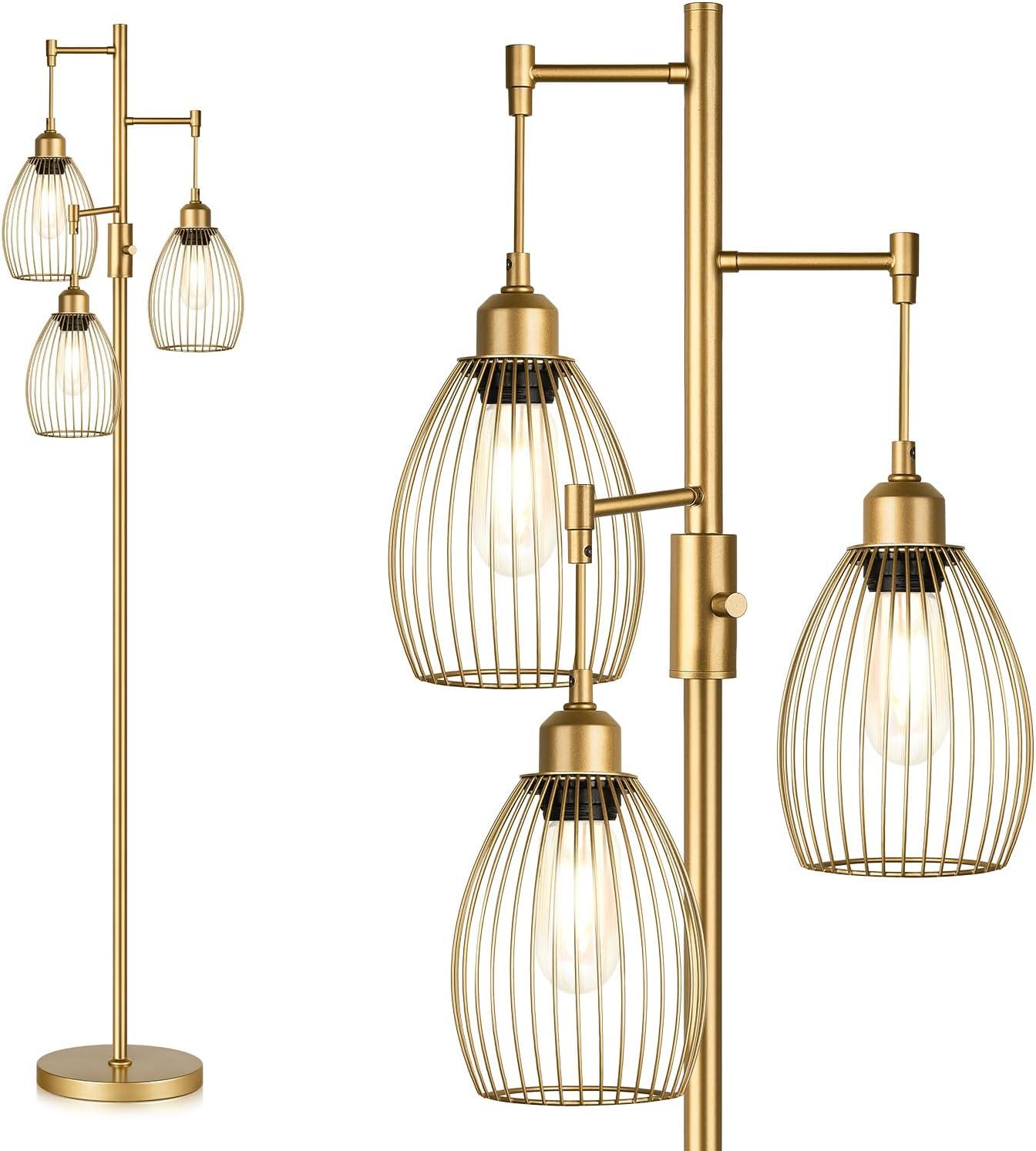 Gold Adjustable Industrial Floor Lamp with Teardrop Cage Shades