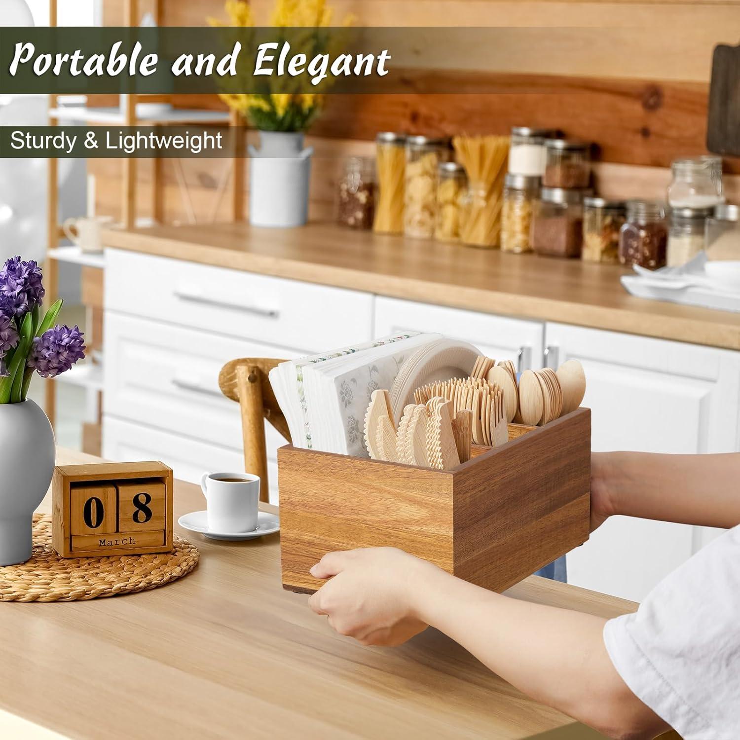 Loon Peak® Utensil Caddy, Silverware Caddy For Party, Acacia Wood Silverware Holder, Silverware Organizer Countertop, Cutlery Storage Containers For Kitchen Table