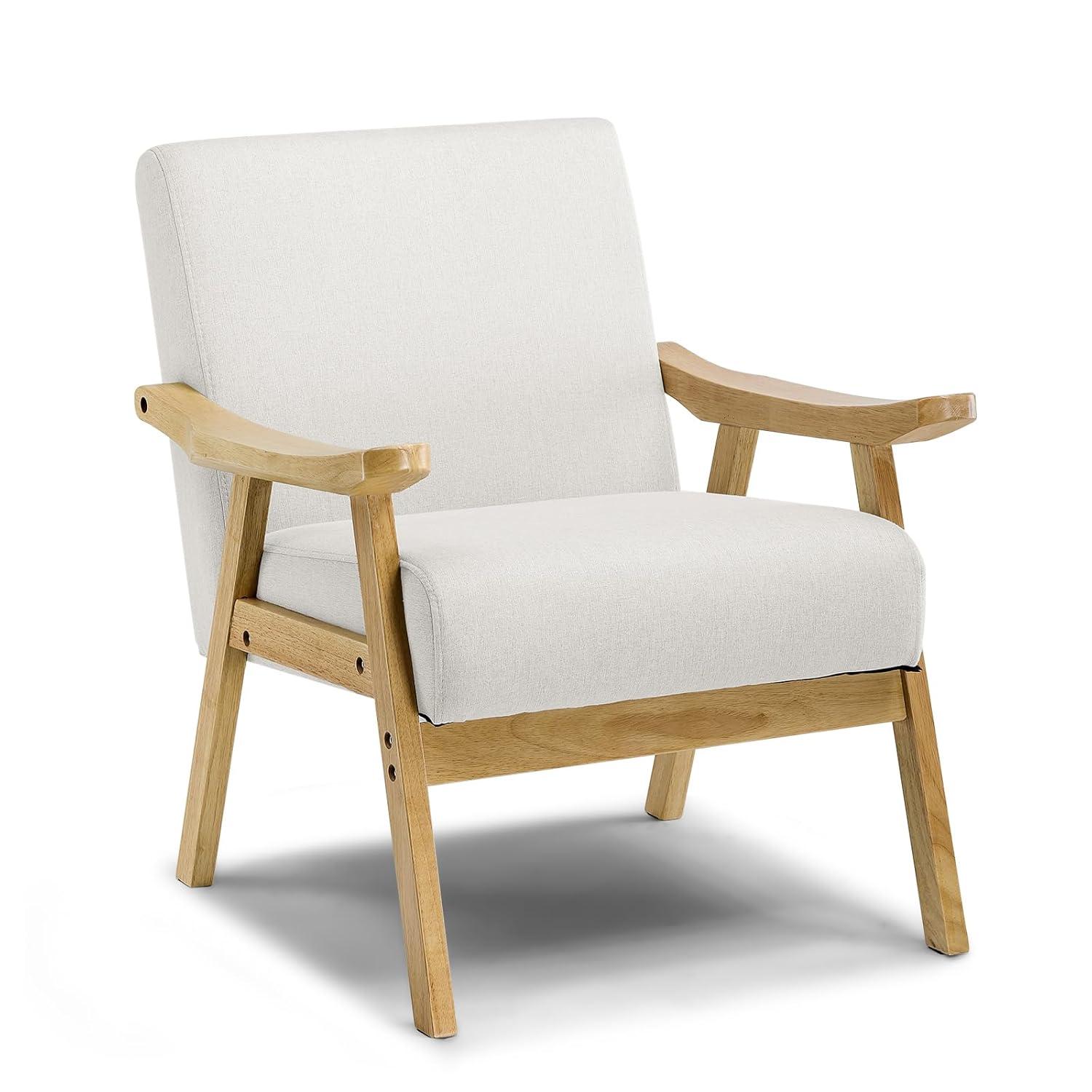 COMHOMA Mid Century Accent Chair, Modern Upholstered Living Room Chairs with Solid Wood Armrest, Comfy Reading Armchair for Bedroom, Sunroom, Balcony (Curved Armrests, Beige)