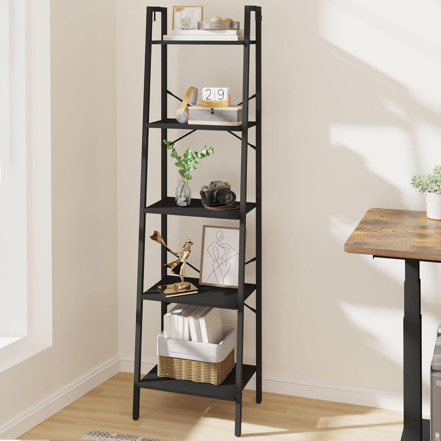 Black Industrial 5-Tier Ladder Corner Bookshelf with Hooks