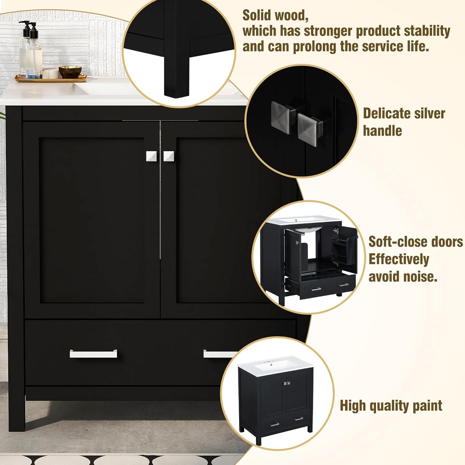 30" Bathroom Vanity with Sink, Modern Under Sink Cabinet with 2 Doors and 1 Drawer, Floor Storage Cabinet for Bathroom with Removable Divider and Double Shelf, Black