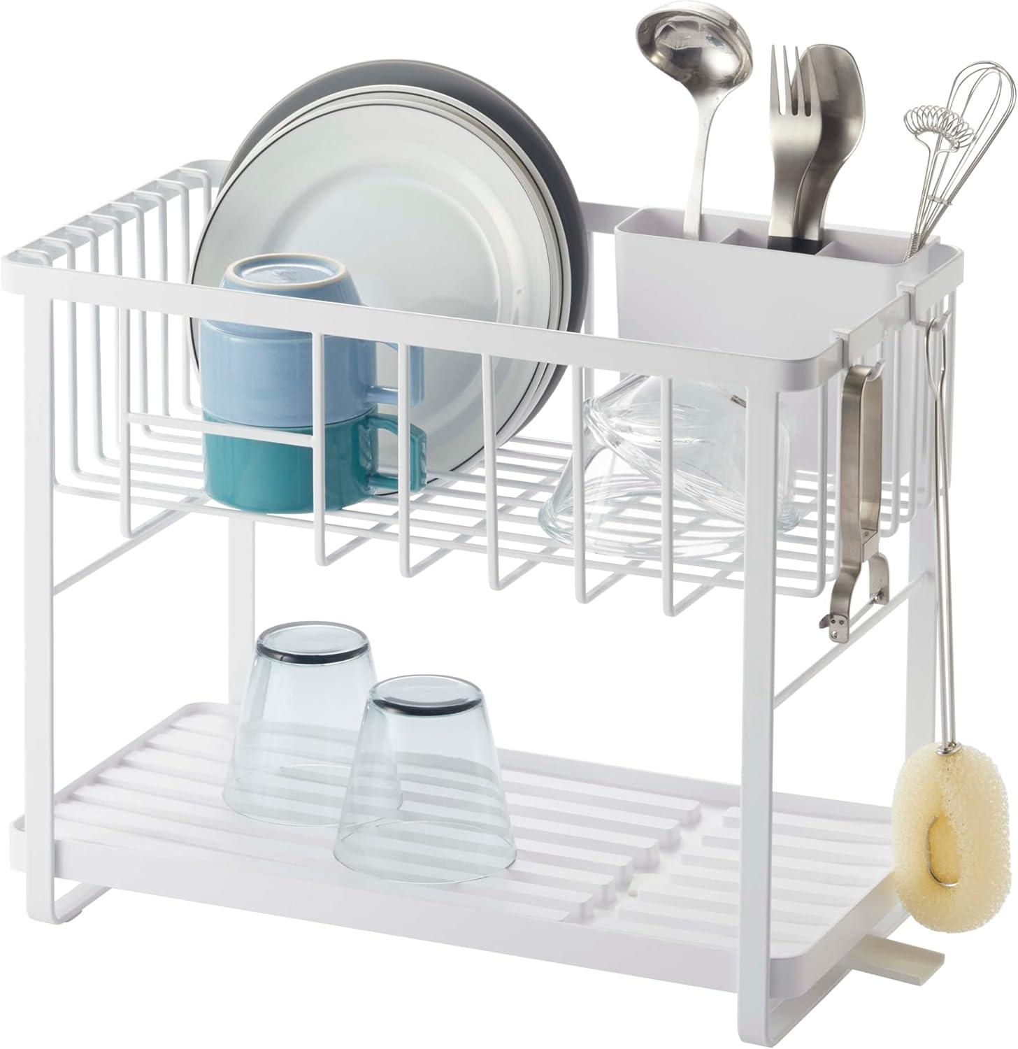 Tower Yamazaki Home Two-Tier Adjustable Dish Drainer Rack, Utensils Holder, Steel, Draining Spout