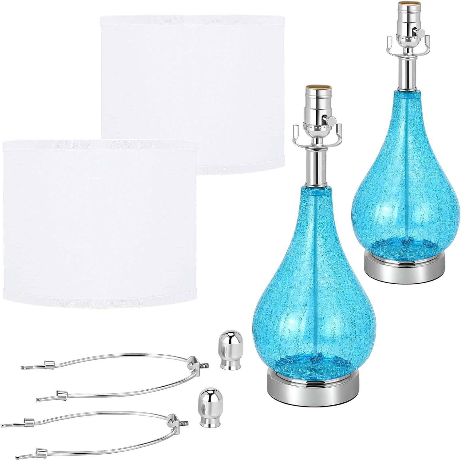 Glass Table Lamps Set of 2, Modern 23.5” Blue Cracked Glass Bedside Lamps, for Bedroom Living Room Home Office Desk Nightstand Table Lamp