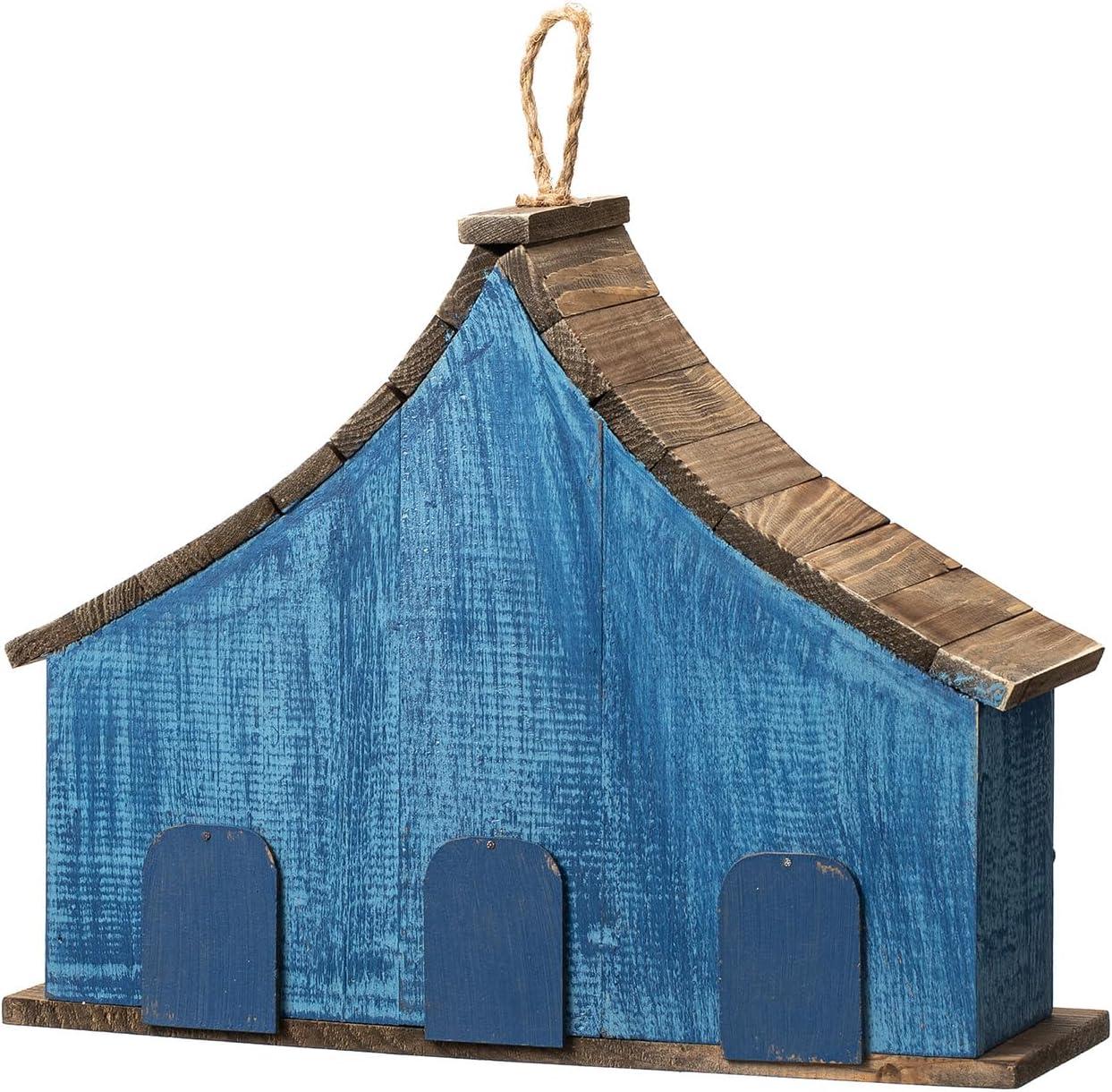 Oversized Blue Wooden Birdhouse with 3D Flowers