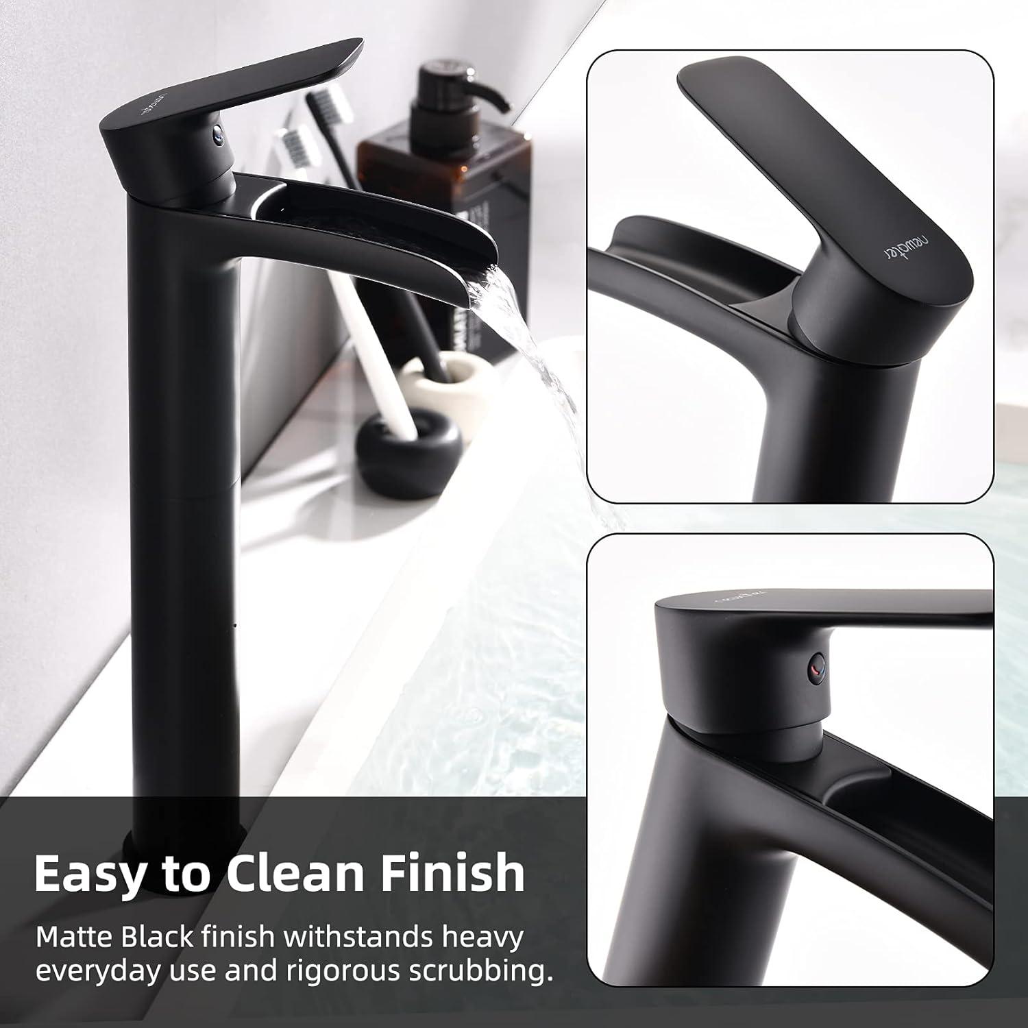 NEWATER Matte Black Tall Bathroom Vessel Sink Faucet, Single Hole Single Handle Waterfall Modern Bathroom Faucet, Vanity Faucet with Water Supply Line