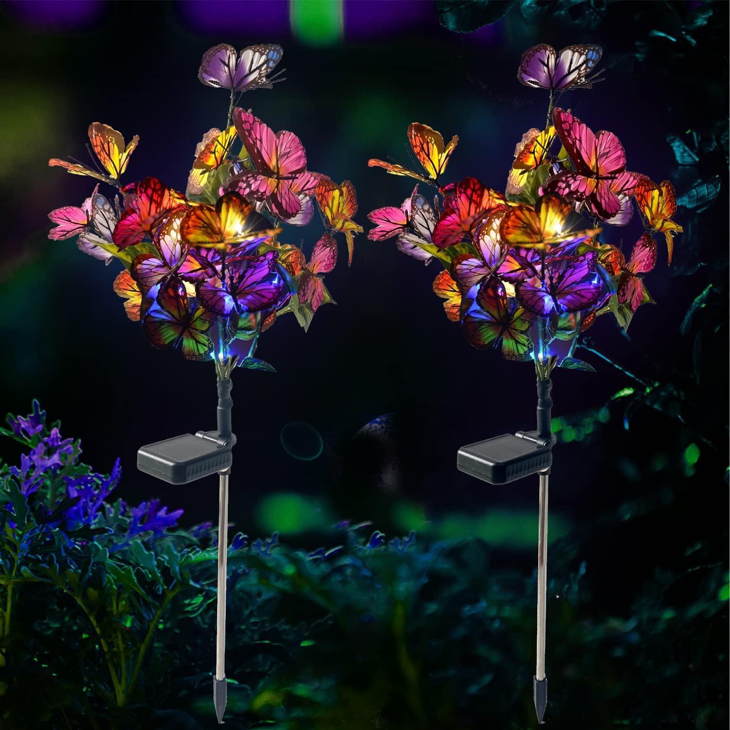 Motrke 2 Pack Solar Powered Garden Stake Lights Solar Butterfly Lights Outdoor Solar Landscape Stake Lights Waterproof Metal LED Lawn Lamp Fairy Lights for Yard Lawn Patio Pathway Decoration