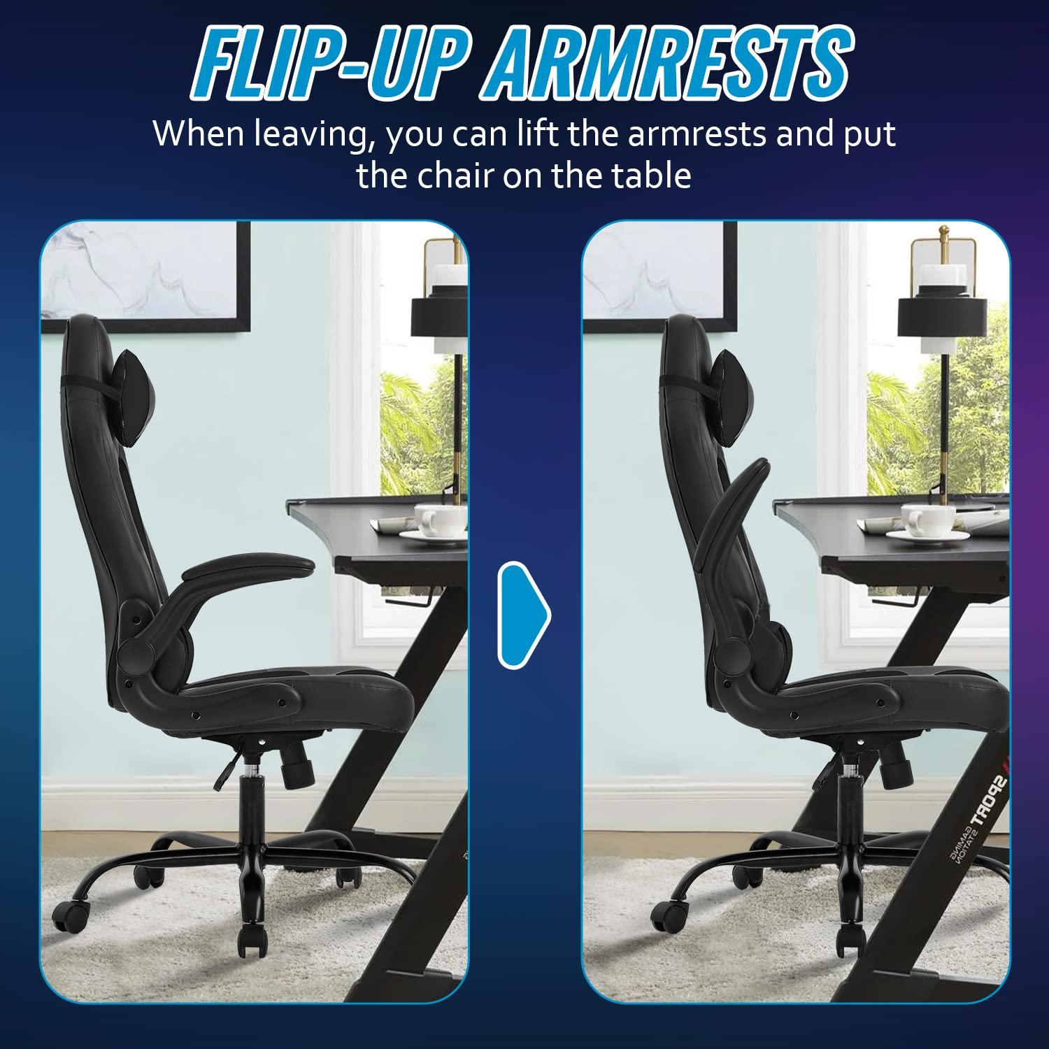 FDW PC Gaming Chair Office Chair Desk Chair with Lumbar Support Flip Up Arms Headrest, Black