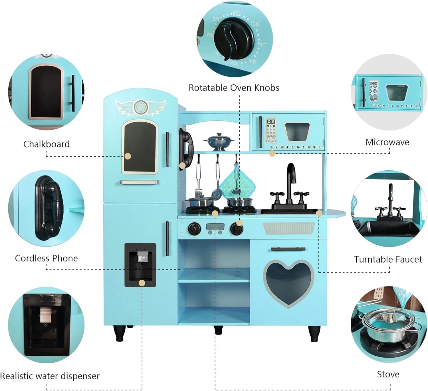 TaoHFE Play Kitchen, Pink Kids Kitchen Set for Girls Kitchen Set for Kids Ages 6-8 Gift Toddler Kitchen Set for Kid Age 3+ Kitchen Playset with Lights & Sounds Wooden Toy Kitchen Playset Gift