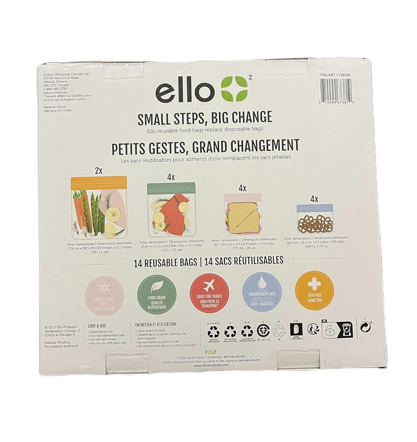 Ello 14 Reusable Produce Bags, Assorted Sizes (Snack, Sandwich, Half Gallon), Zipper Closure, PEVA Material, Multicolored, Leak Resistant, Dishwasher Safe