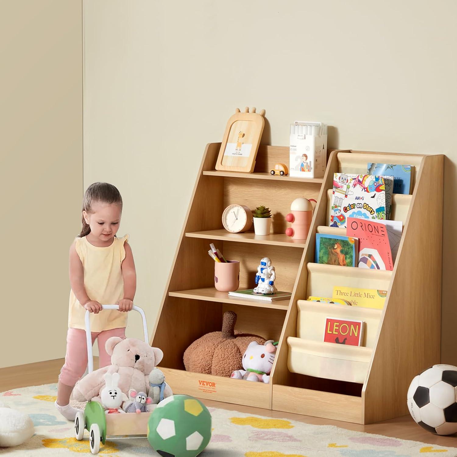 Brown Wooden Kids Bookshelf with Storage Cubes