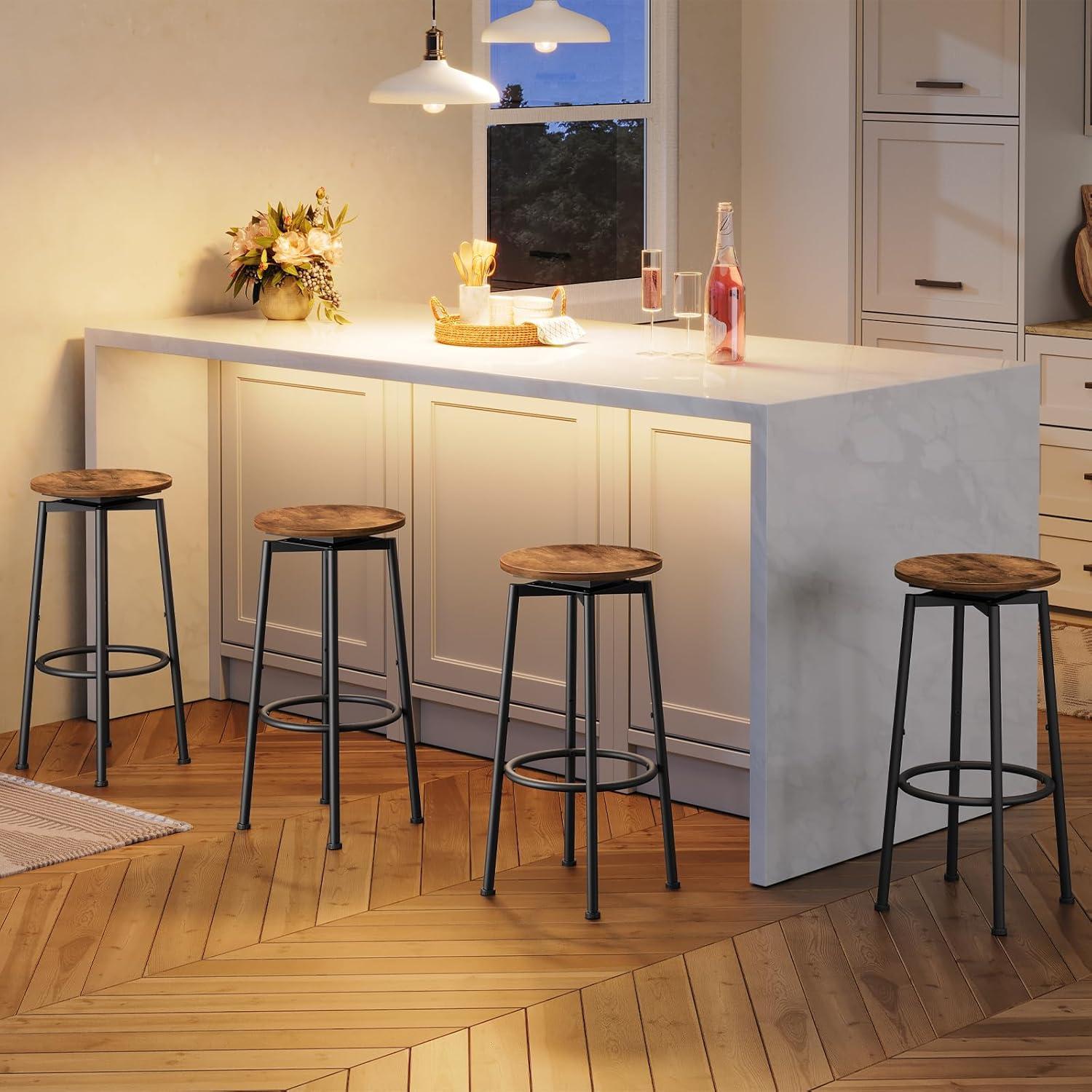 HOOBRO Bar Stools, Swivel Bar Stools Set of 2, 24.9" Round Bar Chairs, Backless Modern Breakfast Chairs, with Adjustable Feet, for Kitchen Islands, Bar, Cafe, Rustic Brown and Black BF24BY01