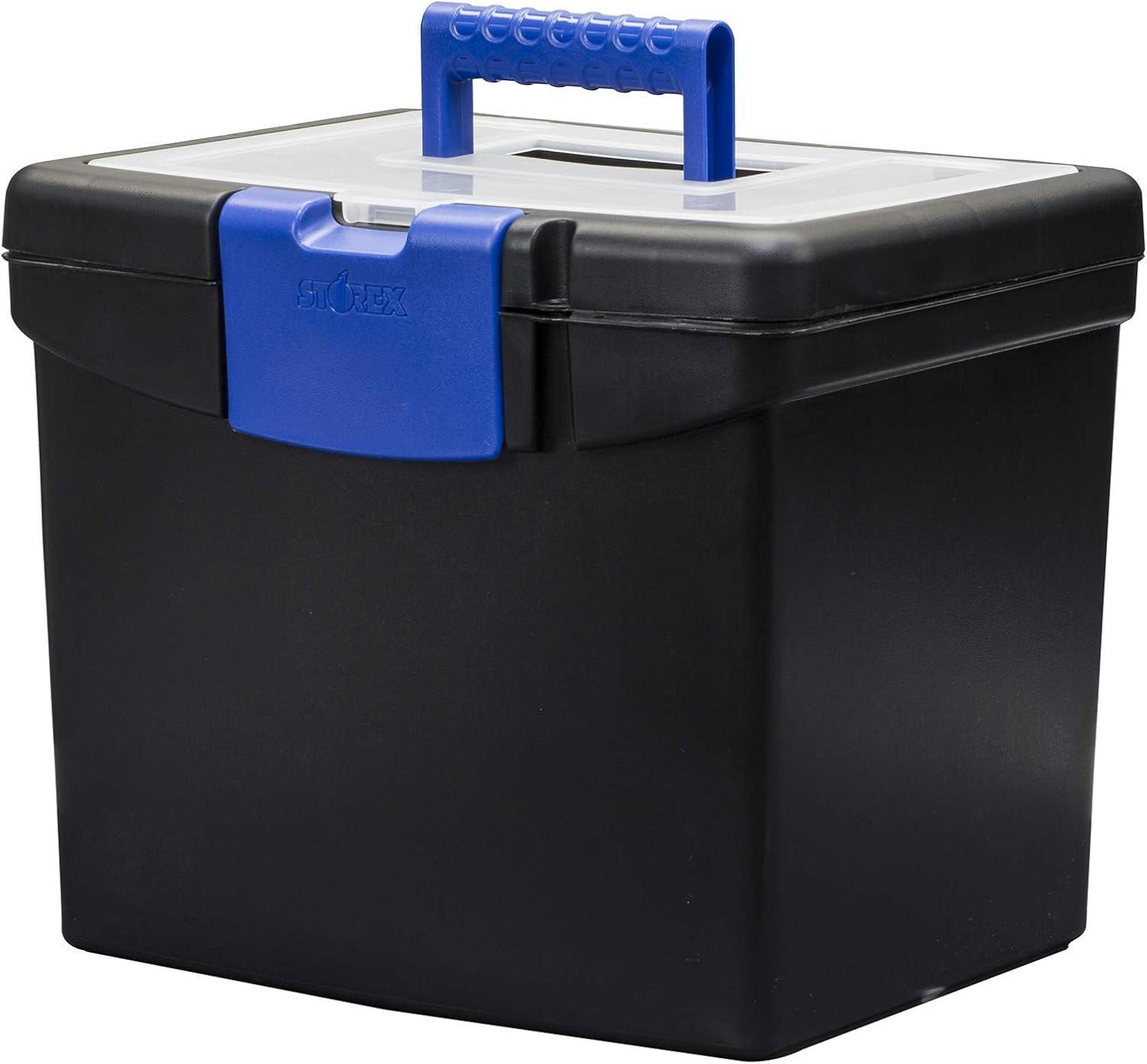 Storex Plastic File Storage Box with XL Storage Lid, Fits Letter-size Paper, Black/Blue