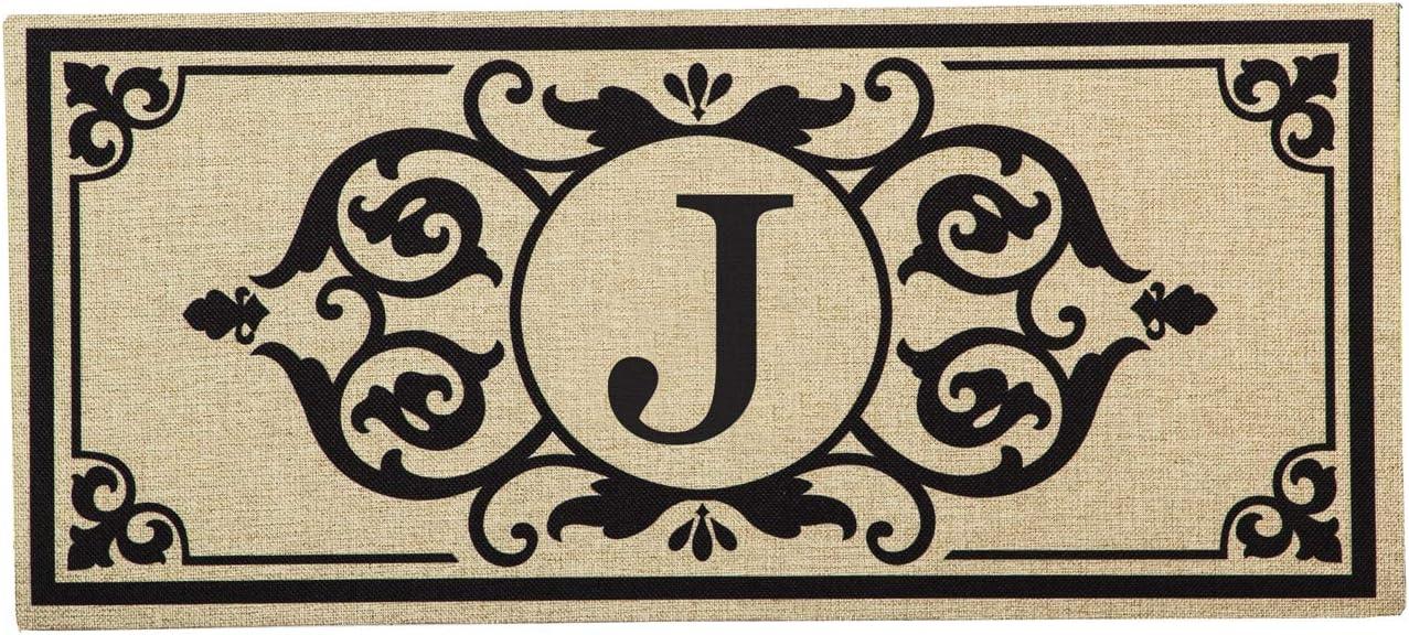 Evergreen Enterprises, Inc Monogram Cambridge Monogram Burlap Sassafras Switch 22 in. x 10 in. Non-Slip Indoor Door Mat
