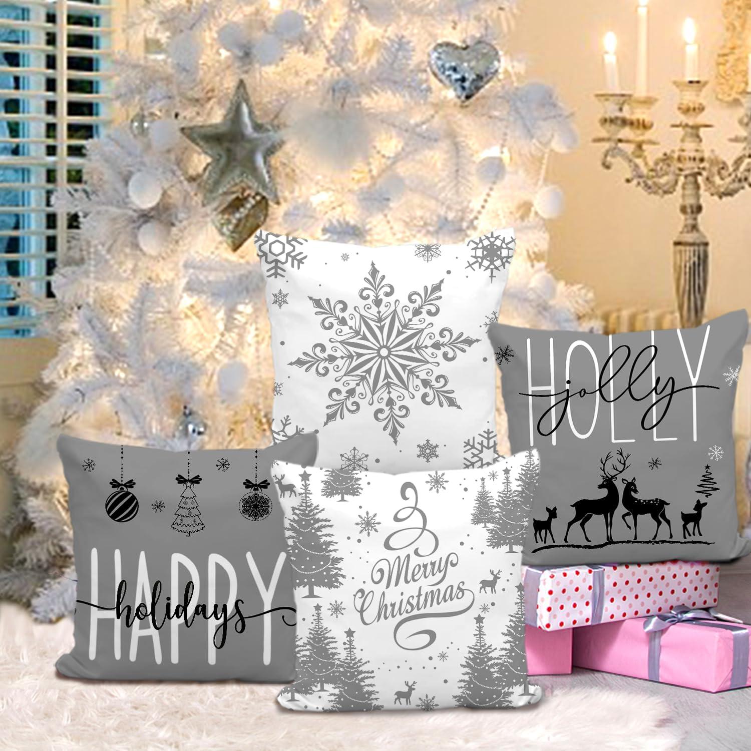 Gray and White Polyester Euro Christmas Pillow Covers Set of 4