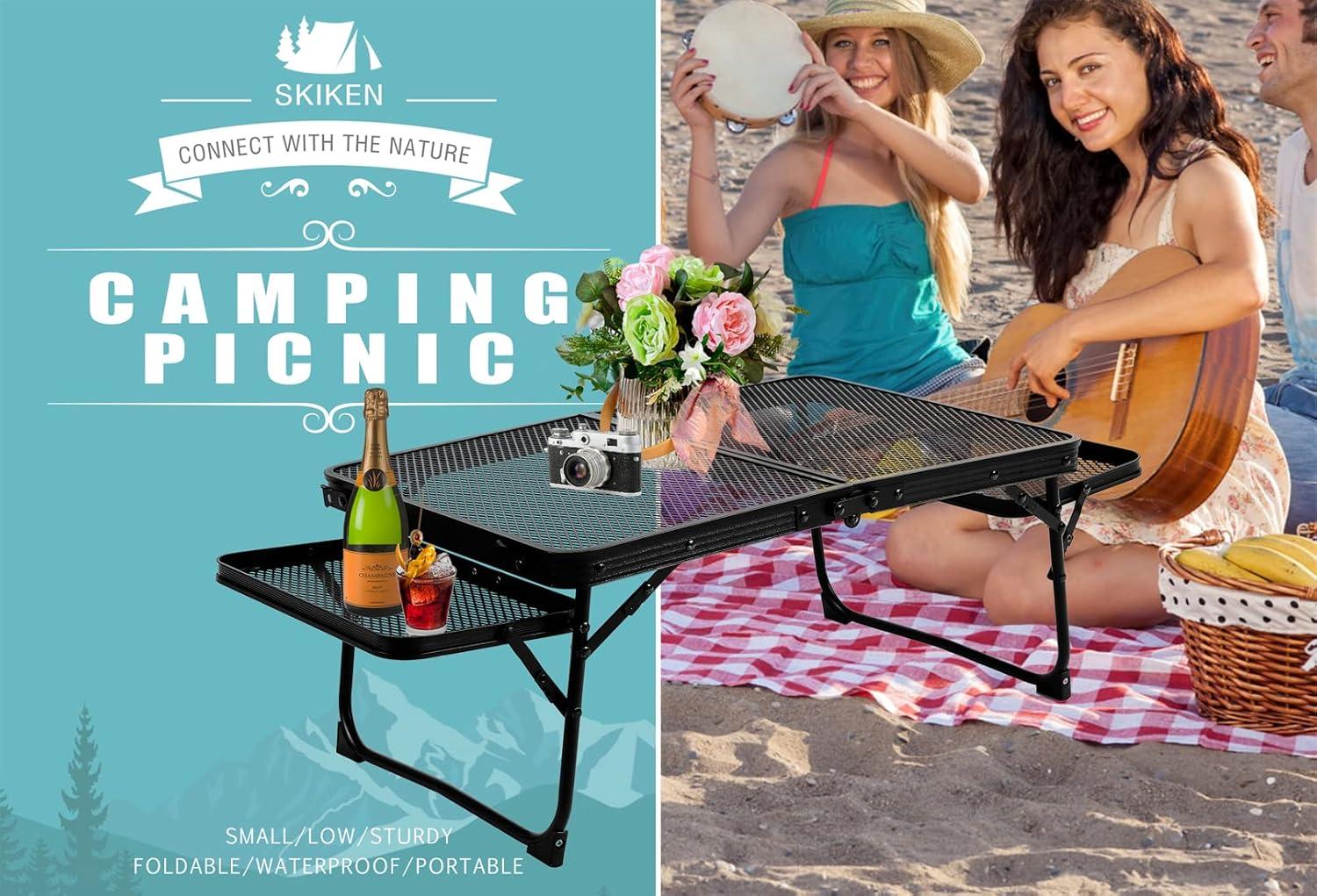 Small Low Camping Table with 2 Wing Panels, Folding Low Picnic & Outdoor Table with 2 Shelves, Lightweight & Easy Carry for Beach, Fishing, Sturdy Steel Mesh Top (3 FT, Black)