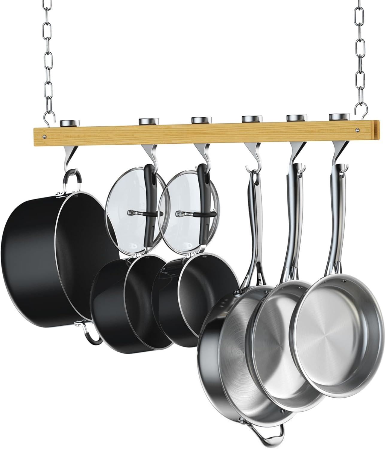 36-Inch Ceiling Mounted Wooden Pot Rack with Aluminum Hooks