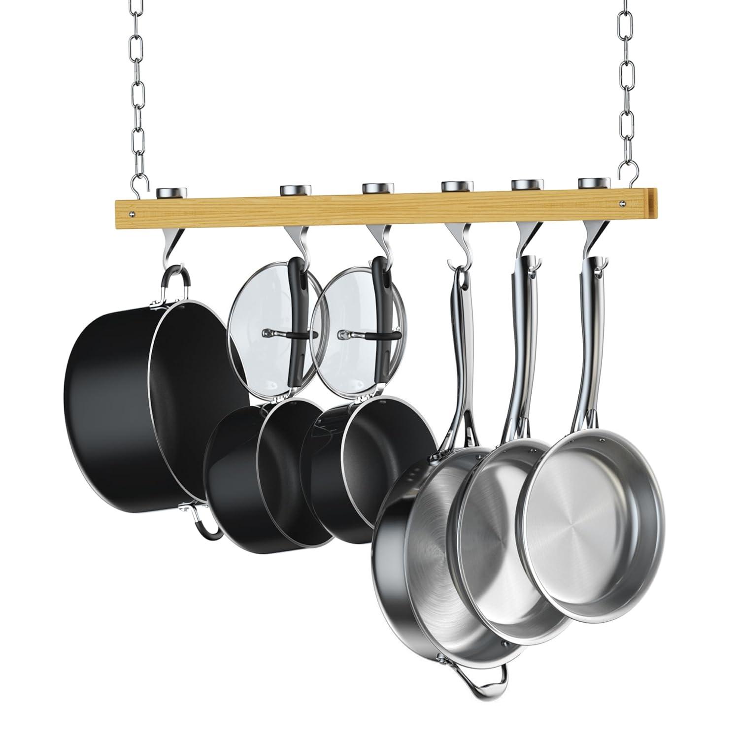 Standard, Single Bar, 36-Inch Ceiling Mounted Wooden Pot Rack, Brown