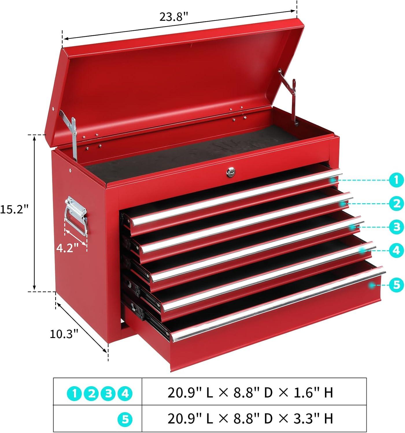 INDSUMOT 24" Portable Tool Box, 5 Drawers & Top Storage Tray Tool Box with Drawers, Lockable Metal Tool Chest Cabinet for Garage, Warehouse, Repair Shop & Home, Red