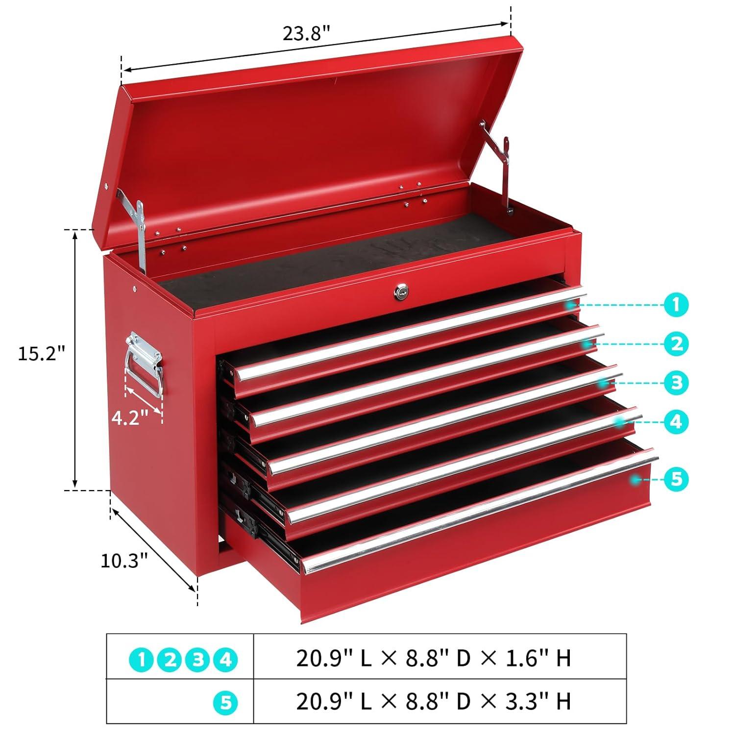 INDSUMOT 24" Portable Tool Box, 5 Drawers & Top Storage Tray Tool Box with Drawers, Lockable Metal Tool Chest Cabinet for Garage, Warehouse, Repair Shop & Home, Red