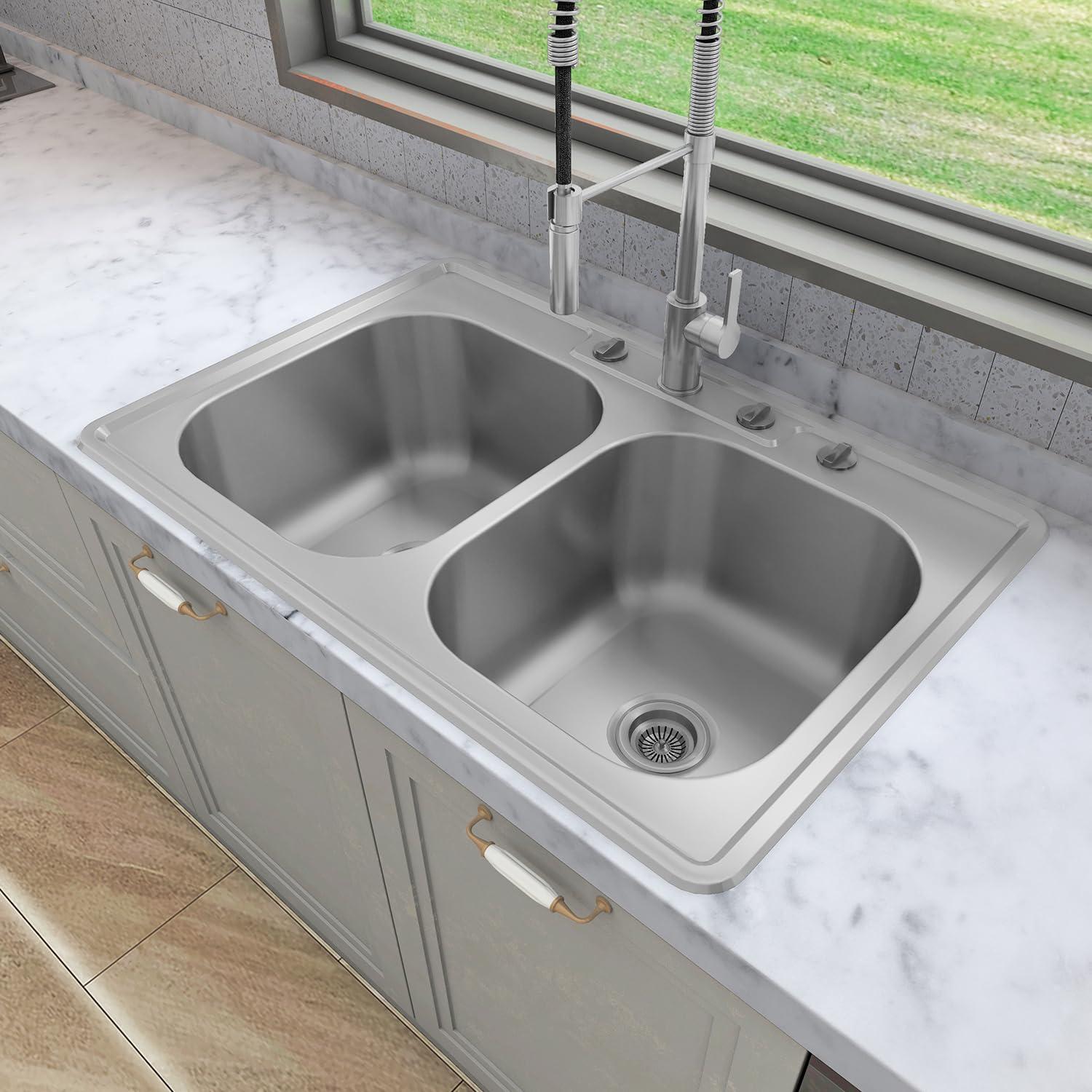 Sinber 33" x 22" Drop In Double Bowl Kitchen Sink with 18 Gauge 304 Stainless Steel Satin Finish