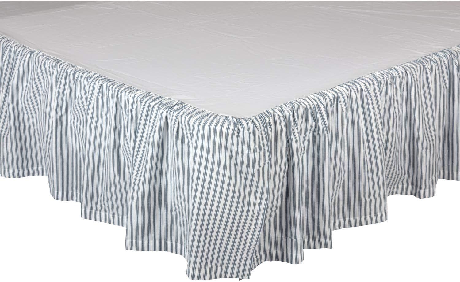 VHC Brands Sawyer Mill Ticking Striped Cotton Farmhouse Split Corners Gathered Queen Bedding Accessory, Skirt 60x80x16, Blue Denim