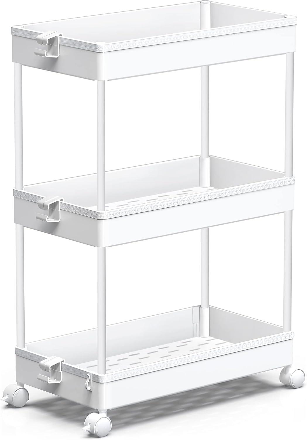 Adjustable 3-Tier White Rolling Utility Cart with Shelves