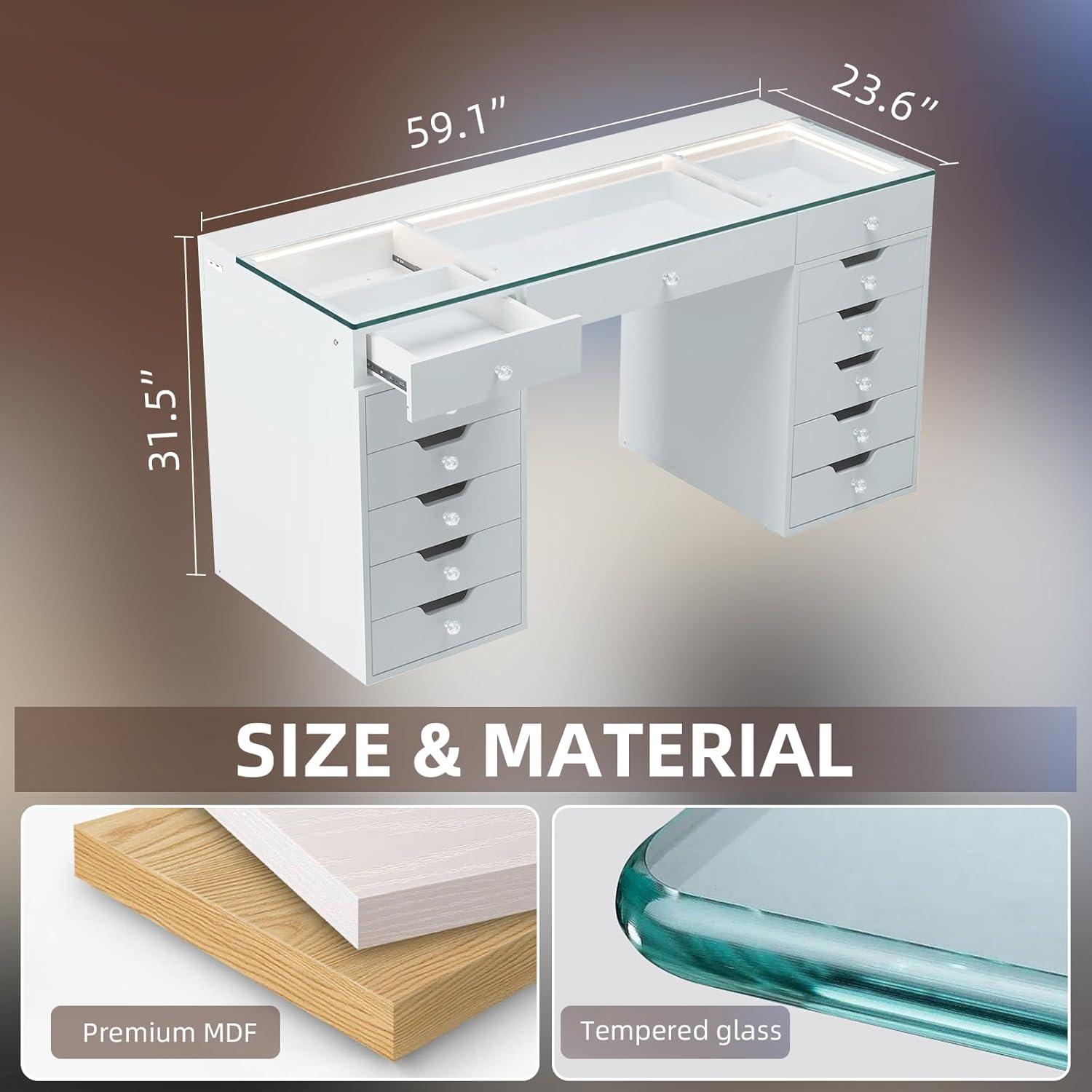 White 60" Vanity Desk with 13 Drawers and LED Lighting