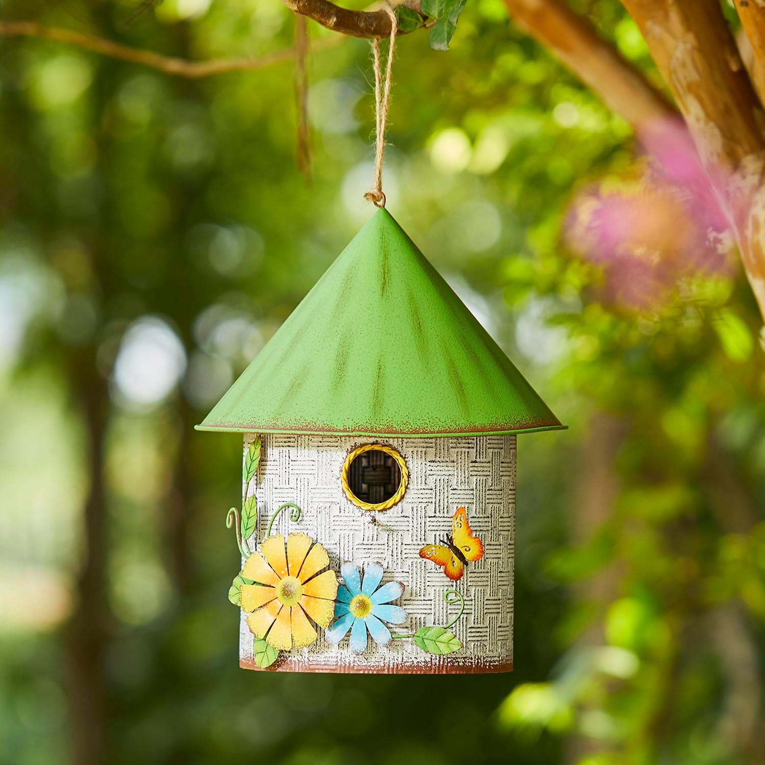 Distressed Metal Cottage Birdhouse with 3D Flowers and Butterfly