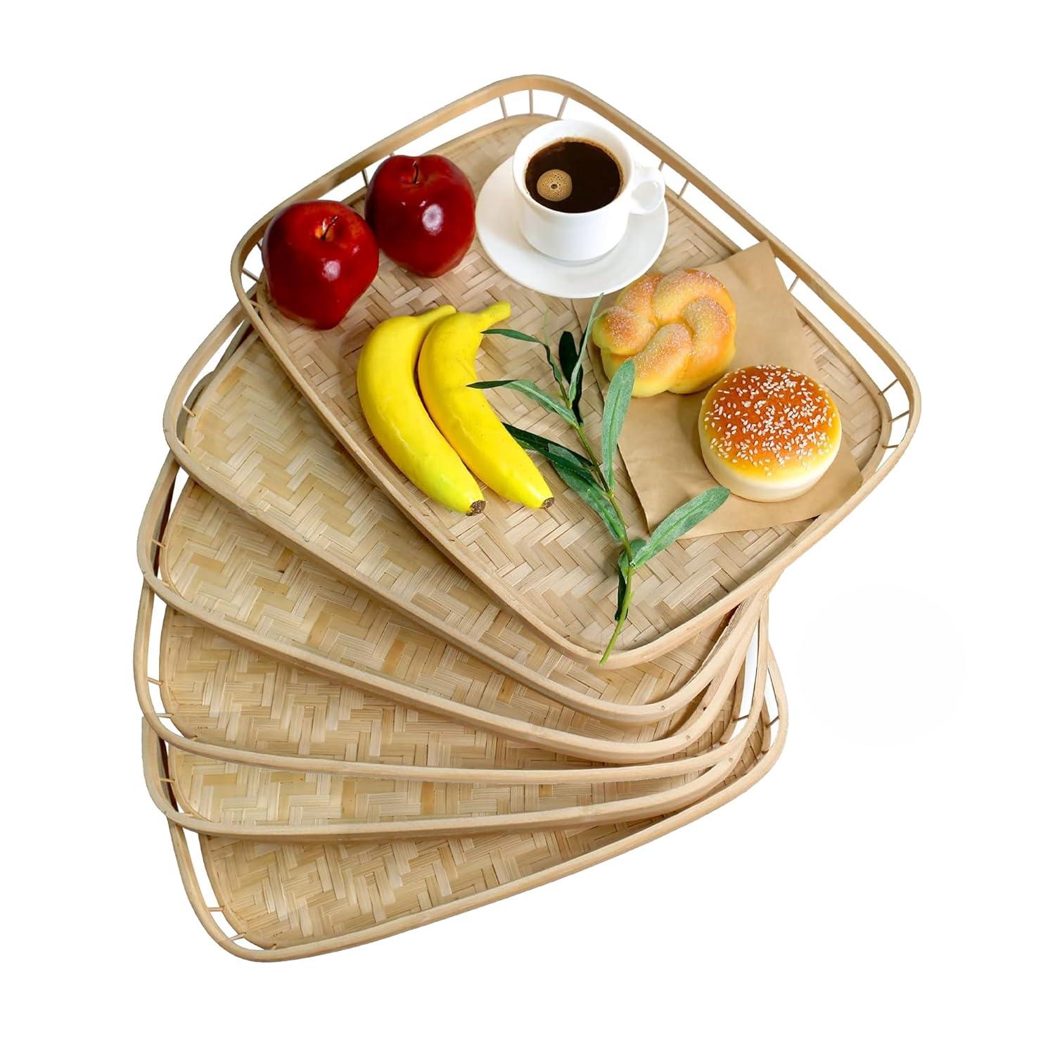 PEMAR Set of 4 Bamboo Wicker Serving Trays for Foods & Drinks, Rectangular Breakfast Lap Trays with Handles Wooden Decorative Platters for Coffee Table, Bed Eating