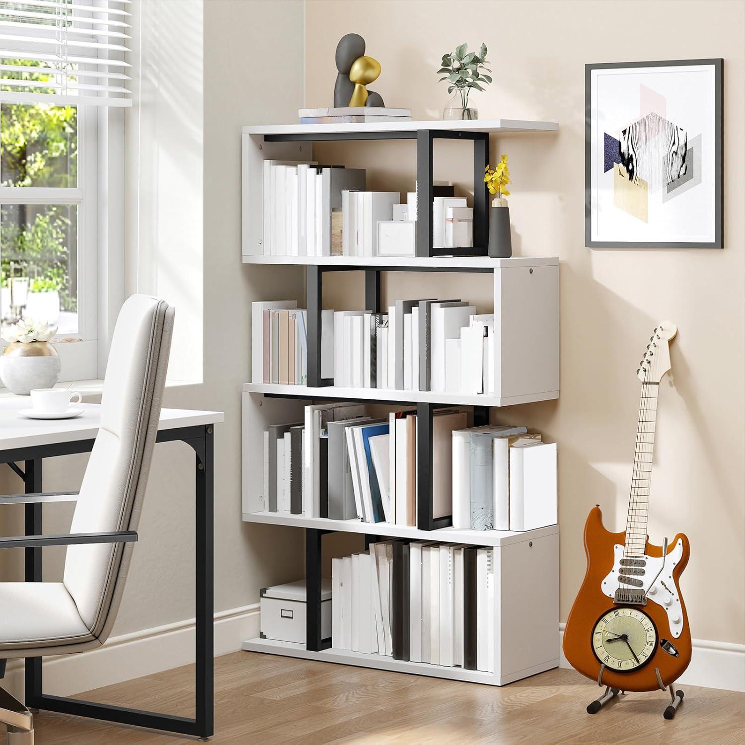 Satiny 5-Tier Bookshelf, S-Shaped Z-Shelf Bookshelves and Bookcase, Modern Freestanding Multifunctional Decorative Storage Shelving for Living Room Home Office, Cream White