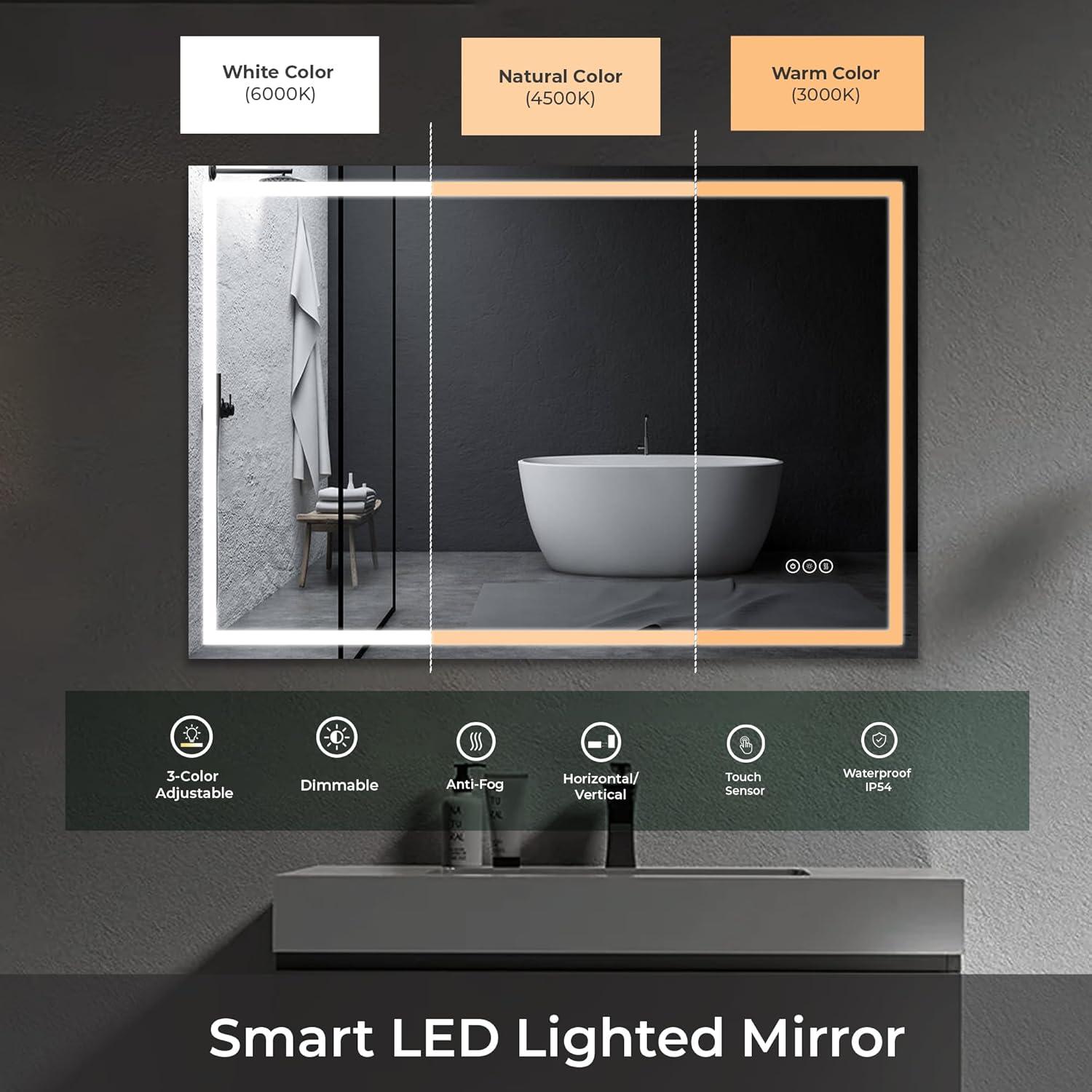 36" x 28" Frameless LED Backlit Bathroom Vanity Mirror