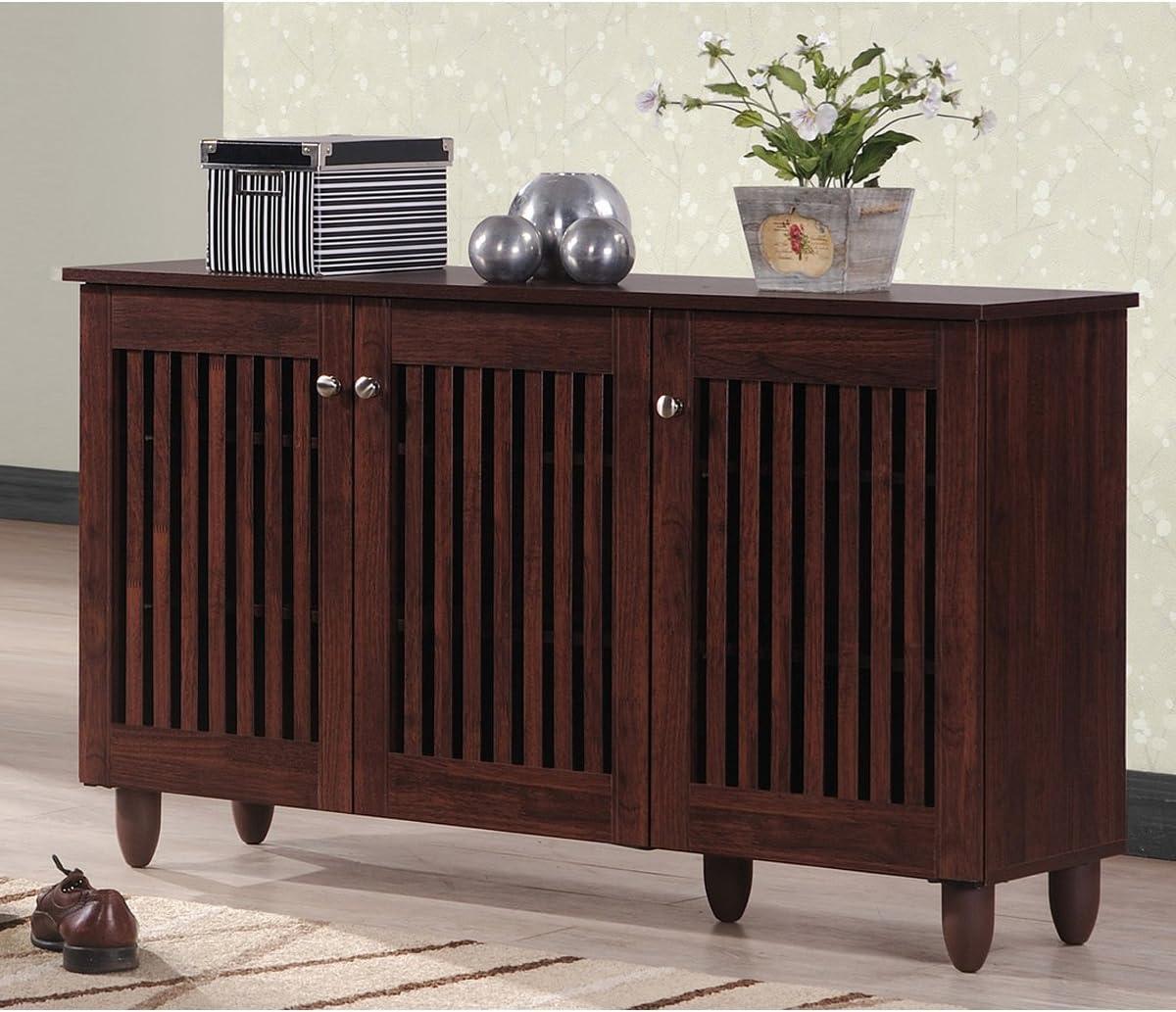 Fernanda Modern and Contemporary 3-Door Wooden Entryway Shoes Storage Wide Cabinet - Oak Brown - Baxton Studio: 10 Fixed Shelves, Hardwood & MDF