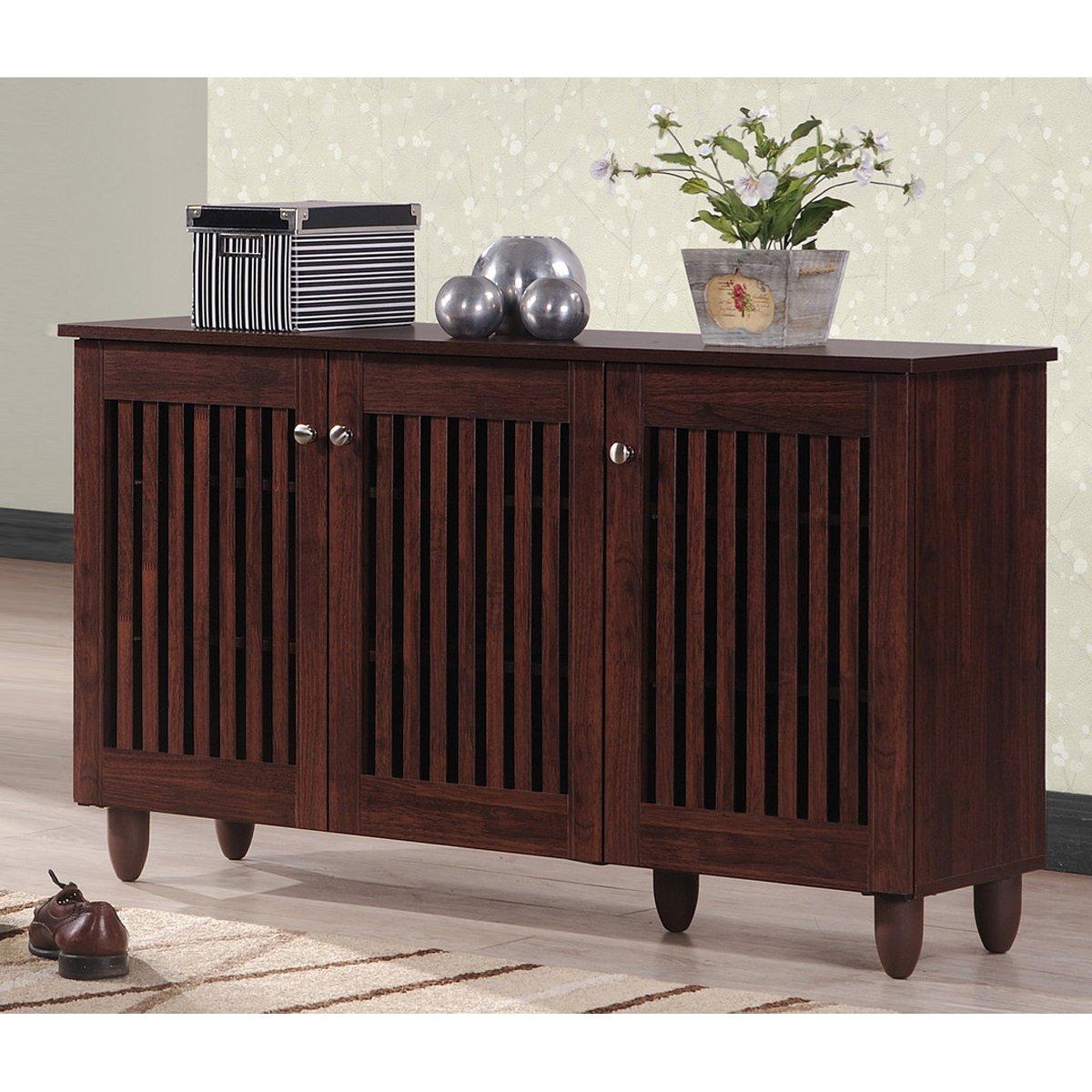 Fernanda Modern and Contemporary 3-Door Wooden Entryway Shoes Storage Wide Cabinet - Oak Brown - Baxton Studio: 10 Fixed Shelves, Hardwood & MDF