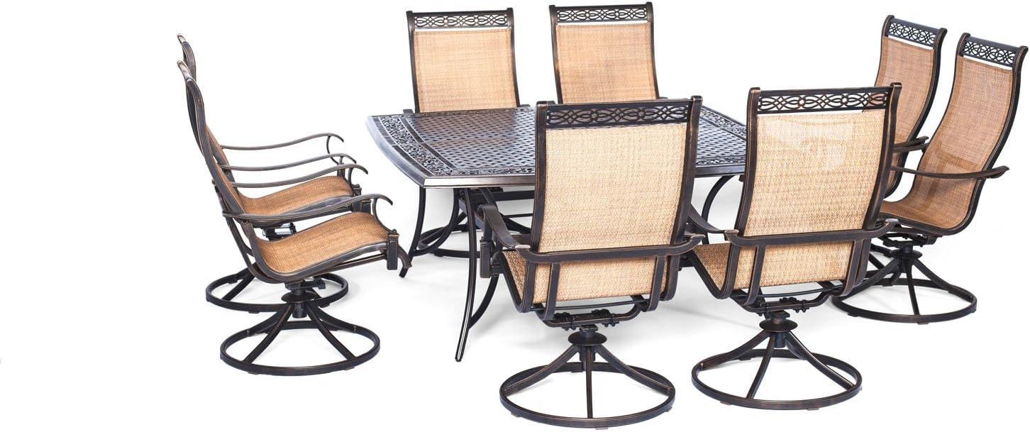 Hanover Outdoor Manor Juego de Comedor para Exterior de 9 Piezas con 8 Balancines Giratorios, Cedro/bronce