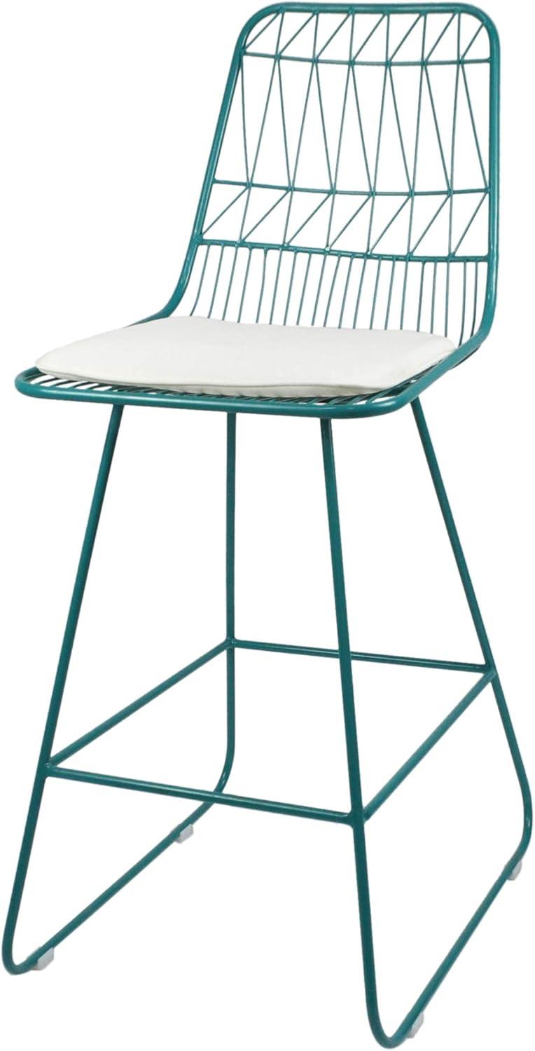 Lilith Indoor Wire Counter Stools with Cushions, Set of 2, Teal and Ivory