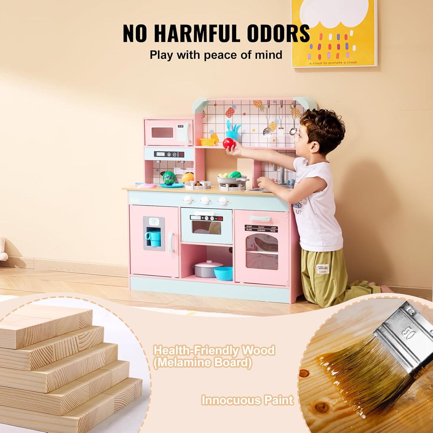 VEVOR Play Kitchen for Kids, Wooden Toy Kitchen Set with Lights and Sounds, Toddler Kitchen with Ice Maker, Oven, Sink, Microwaves, Fridge and Utensil and Fruit Accessory for Toddlers ages 3-8, Pink