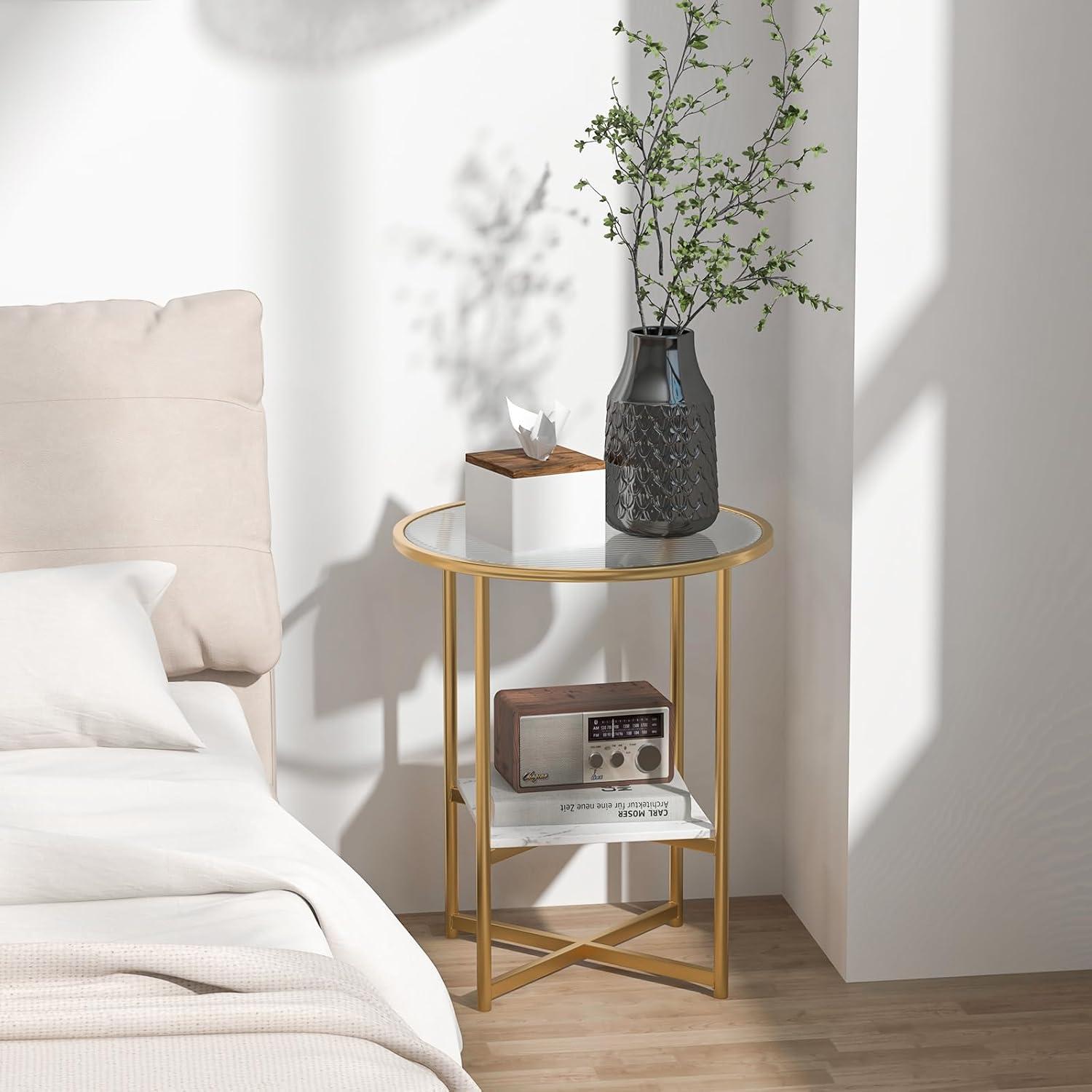 Round Gold Metal and Glass End Table Set with Faux Marble Shelf