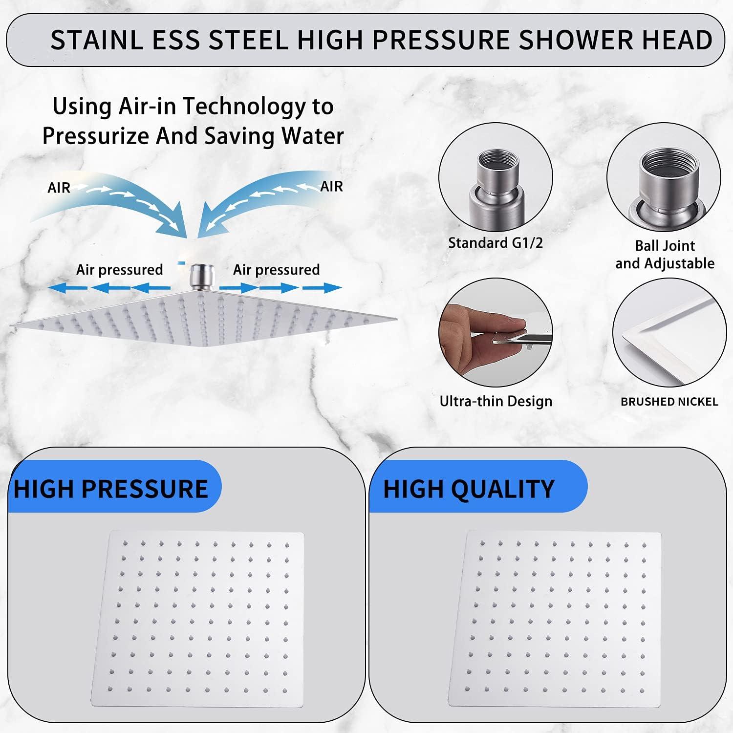 Brushed Nickel 12-Inch Square Rain Shower Head with Wall Mount