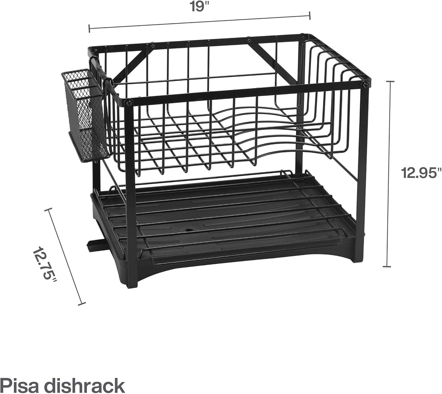 Black Metal 2-Tier Dish Rack with Utensil Cup