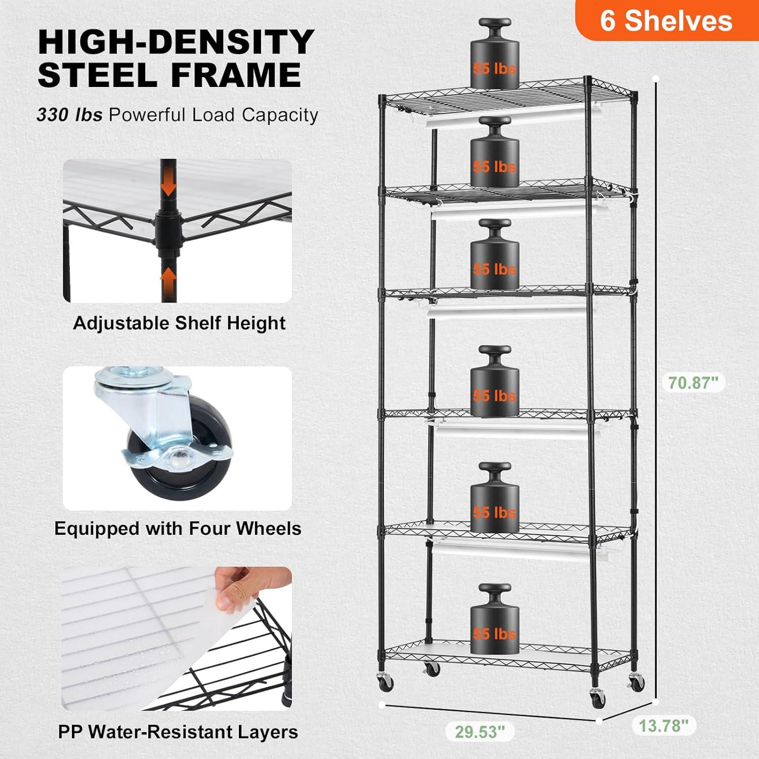 Tall Black Steel 6-Tier Plant Stand with LED Grow Lights