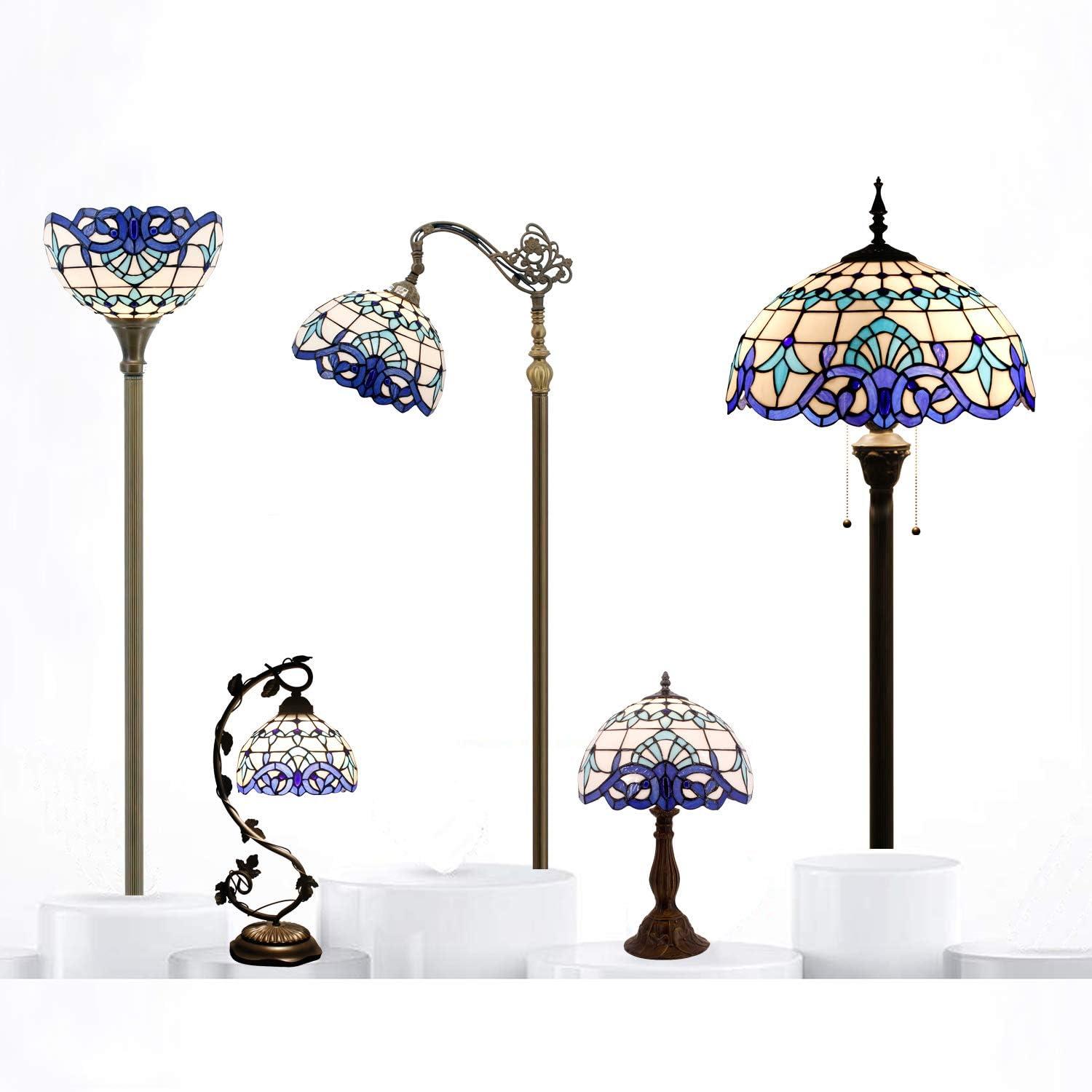 WERFACTORY Tiffany Table Lamp Navy Blue Baroque Stained Glass Style Desk Bedside Reading Light 12X12X18 Inches Decor Bedroom Living Room Home Office S003B Series