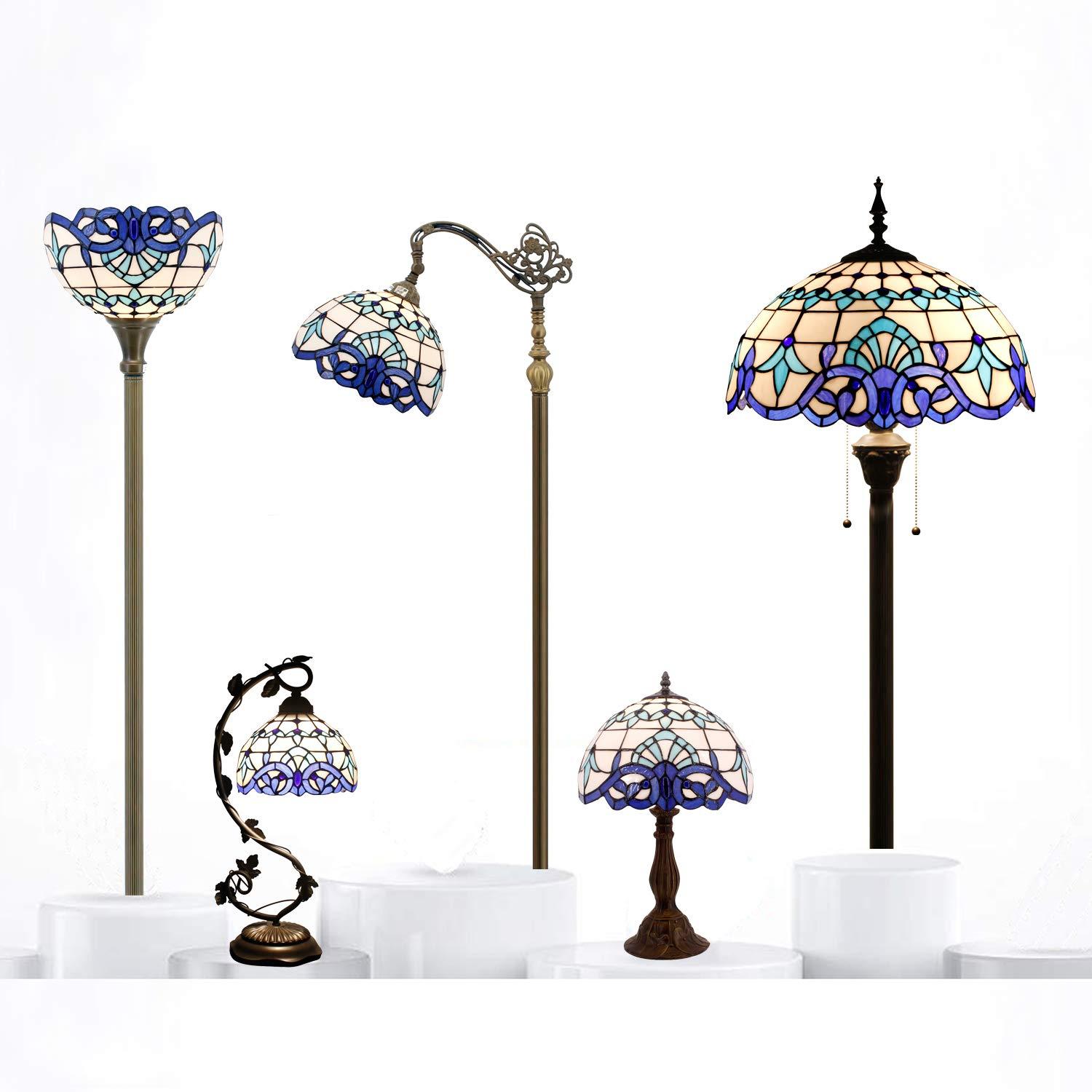 WERFACTORY Tiffany Table Lamp Navy Blue Baroque Stained Glass Style Desk Bedside Reading Light 12X12X18 Inches Decor Bedroom Living Room Home Office S003B Series