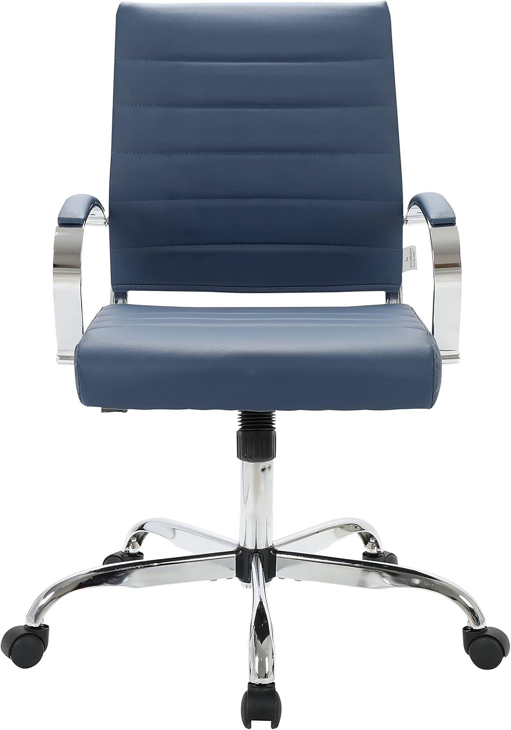 LeisureMod Benmar Mid-Back Office Conference Chair Upholstered in Leather with Swivel and Tilt in Navy Blue